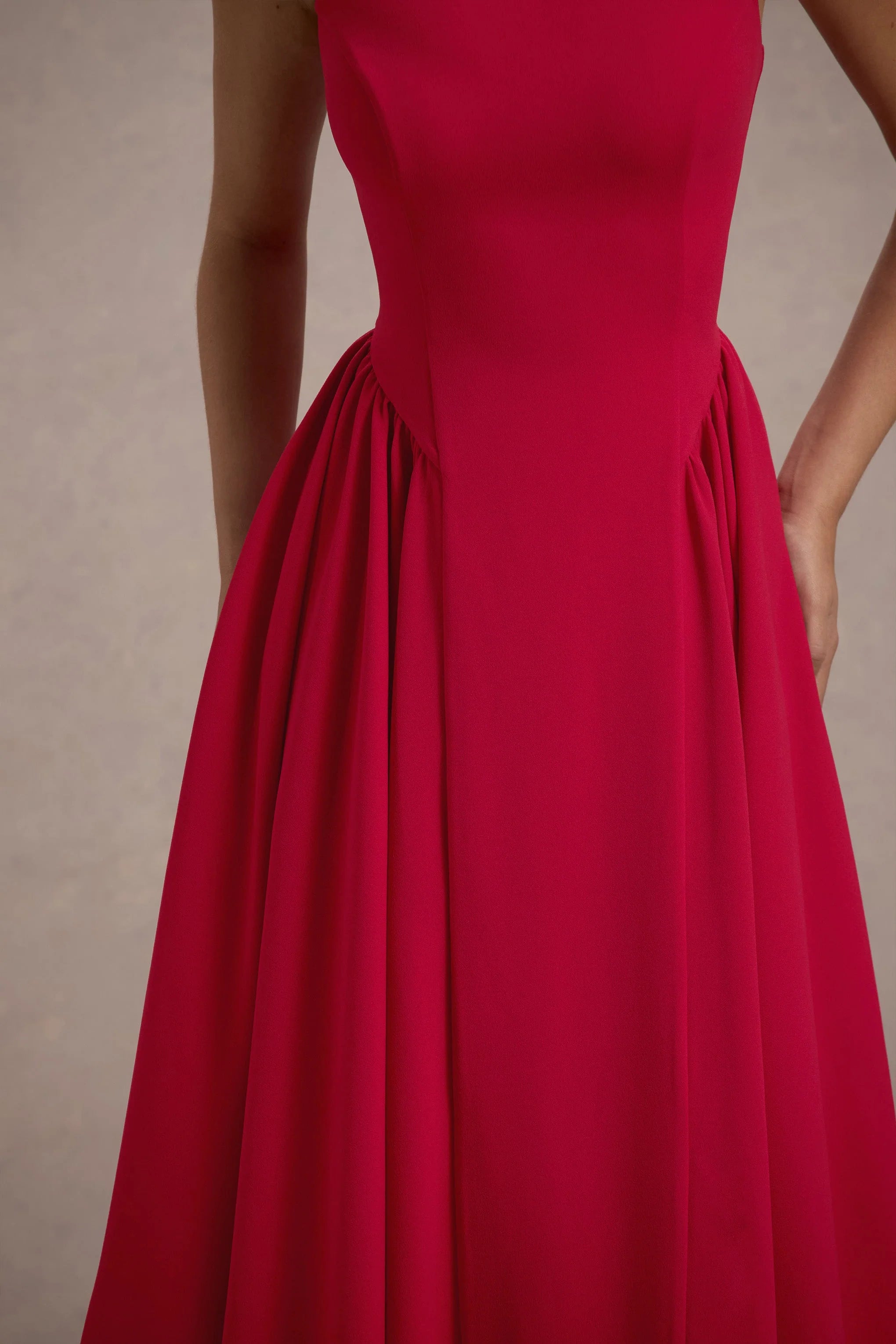 Muriel Red Boat Neck Volume Hem Midi Dress