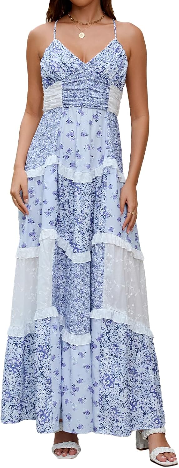 Women Floral Maxi Dress Spaghetti Straps V Neck Patchwork Flowy Boho Sundress Tiered Long Dresses