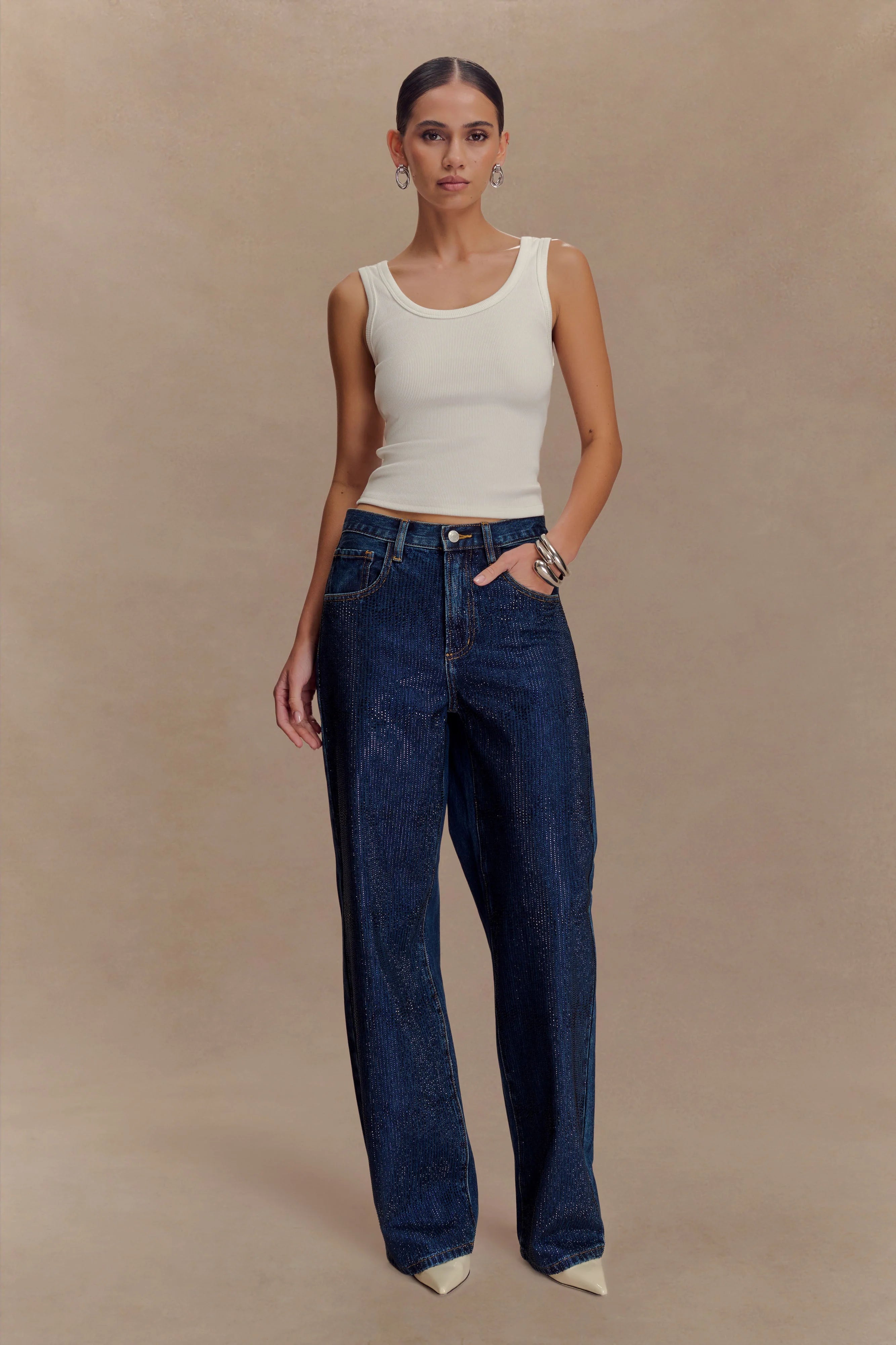 Laina Mid Rise Diamante Denim Jeans Midnight Blue