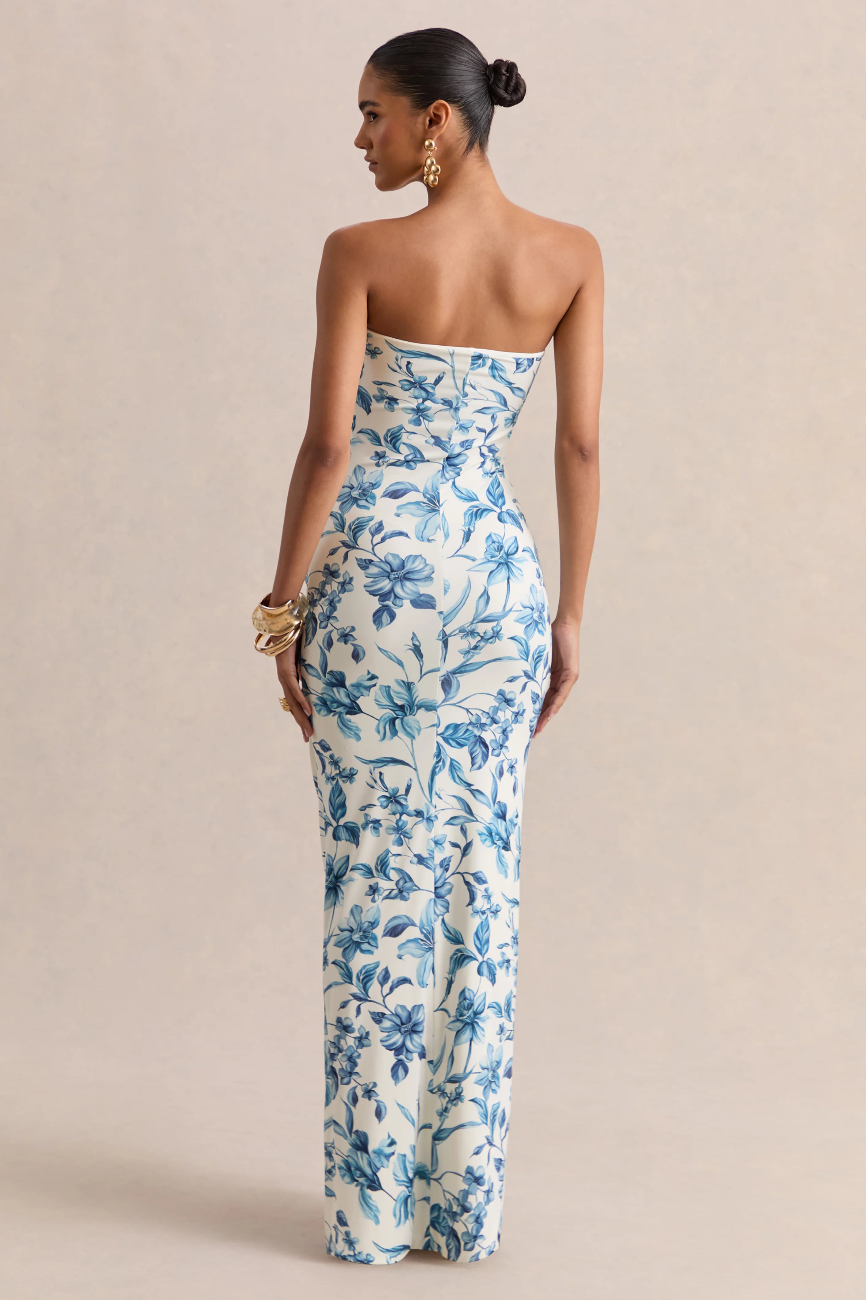 Ali Blue Porcelain Print Sweetheart Ruched Wrap Maxi Dress