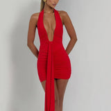 Women Deep V Neck Ruched Mini Dresses Backless Halter Dress Party Club Night