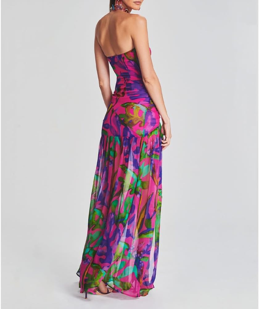 Women Tube Top Dress Tiger Stripe Mesh Patchwork Maxi Dress Strapless Sexy High Slit Long Dresses Beach Vacation