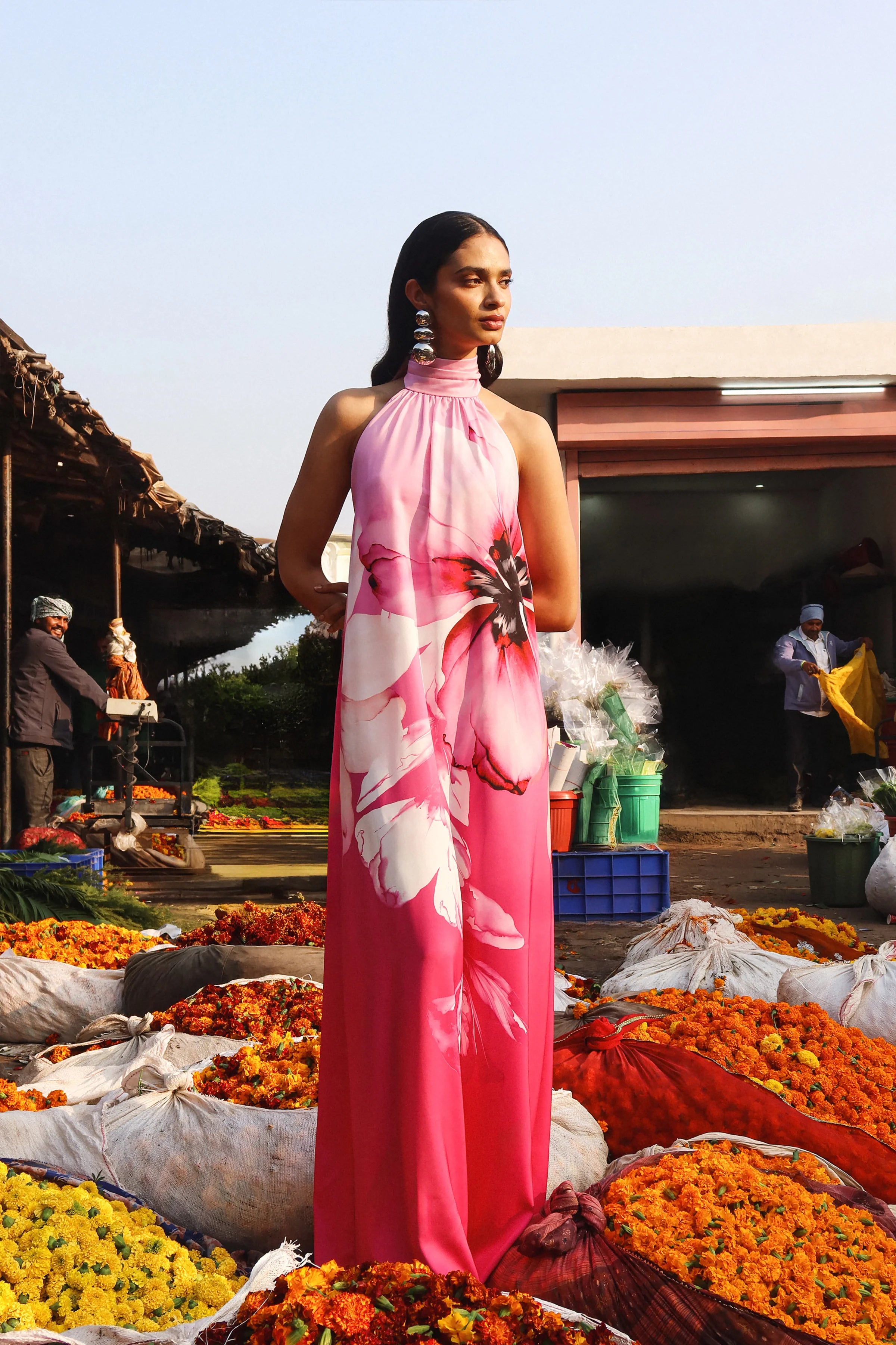 Leia Pink Lily Print High Neck Maxi Dress