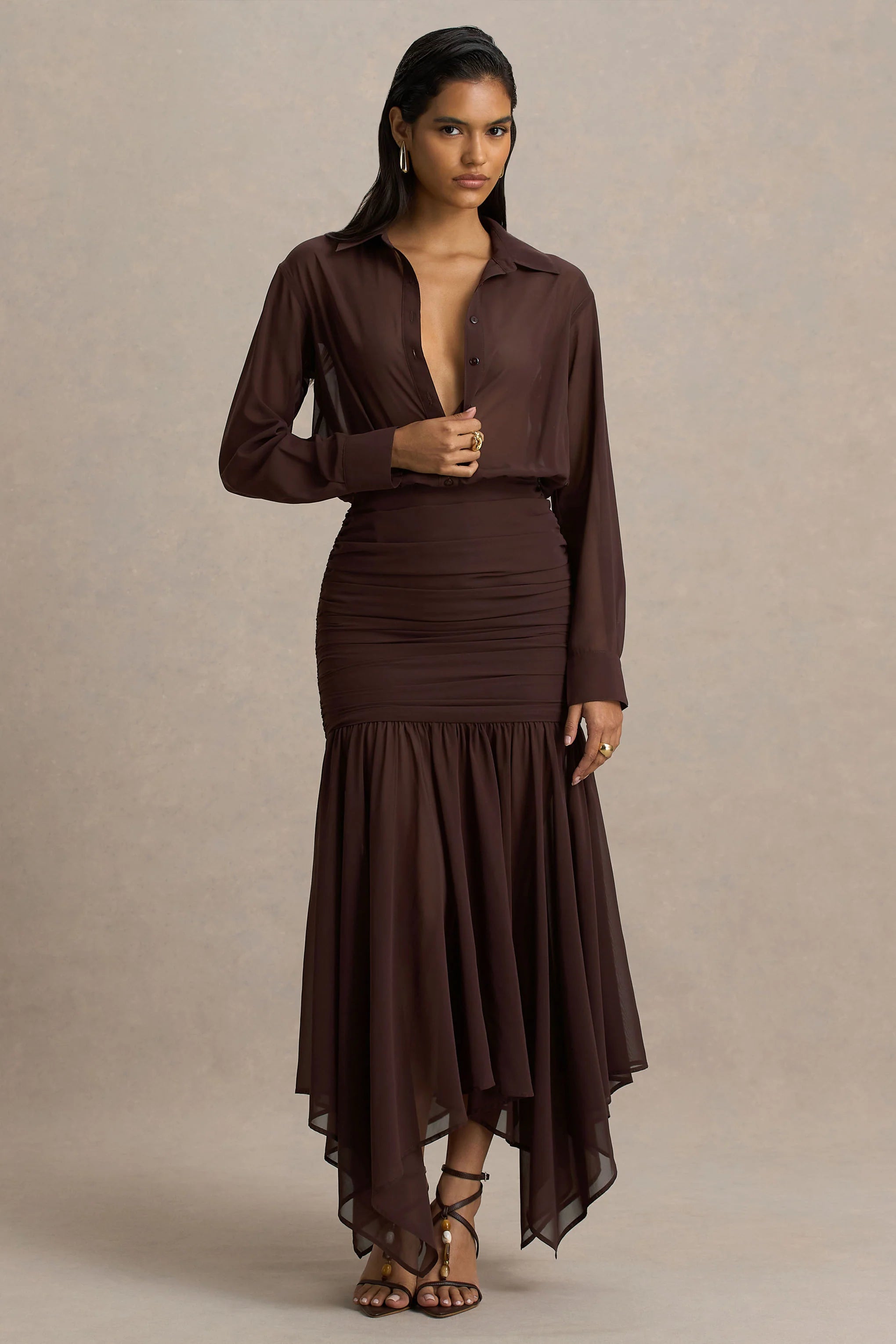 Kris Brown Plunge Neck Maxi Dress With Ruched Detailing