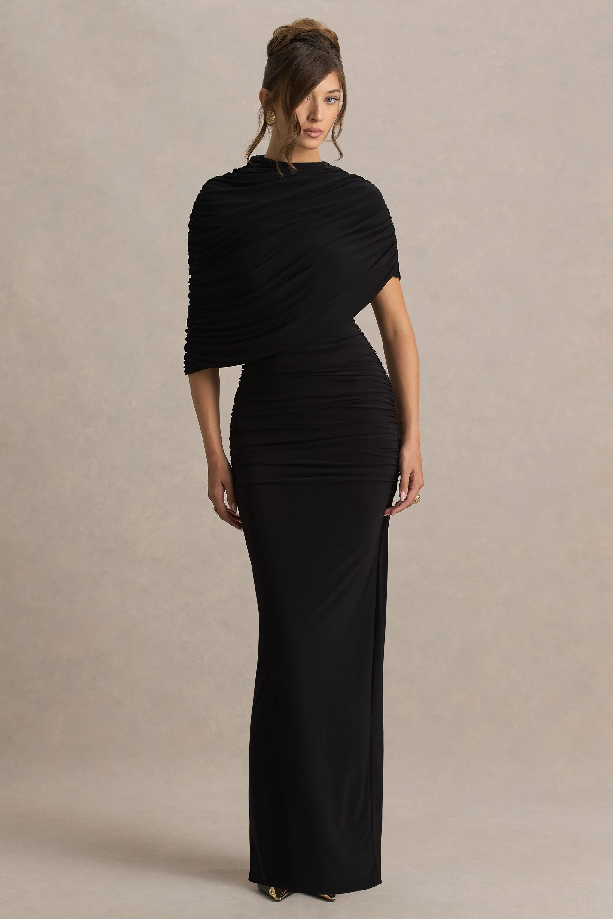 Glitz Black High Neck Maxi Dress With Cape Sleeve and Ruched Detail