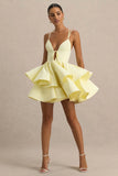 Flavia Lemon Plunge Neck Ruffled Skater Micro Mini Dress