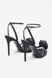 Sweet Step Black Satin Strappy Heeled Sandals With Flowers