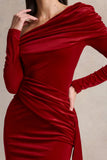 Hadria Red Velvet Asymmetric Neck Maxi Dress With Sash Detail