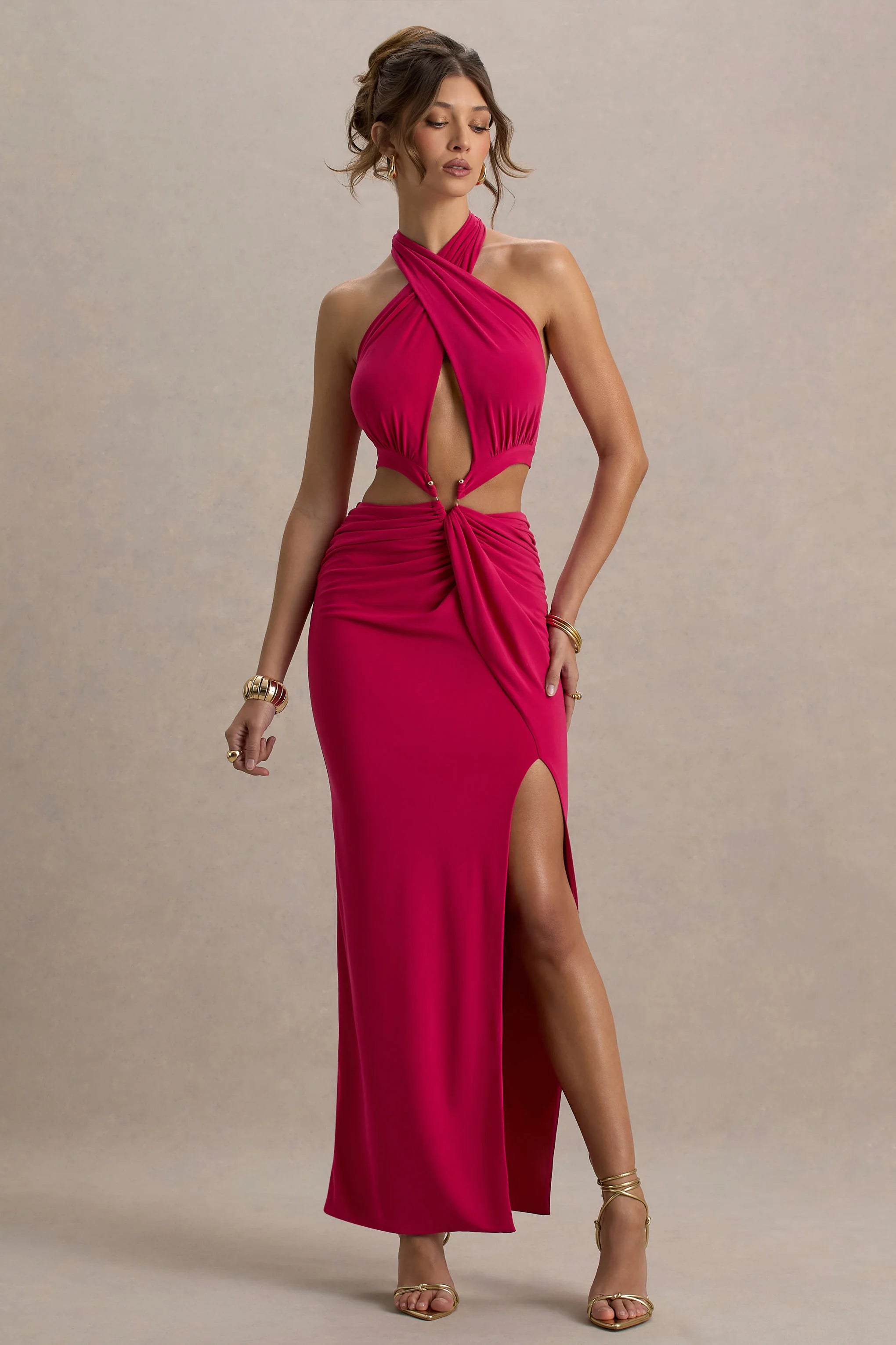 Aura Hot Pink Halter Neck Cut Out Split Maxi Dress