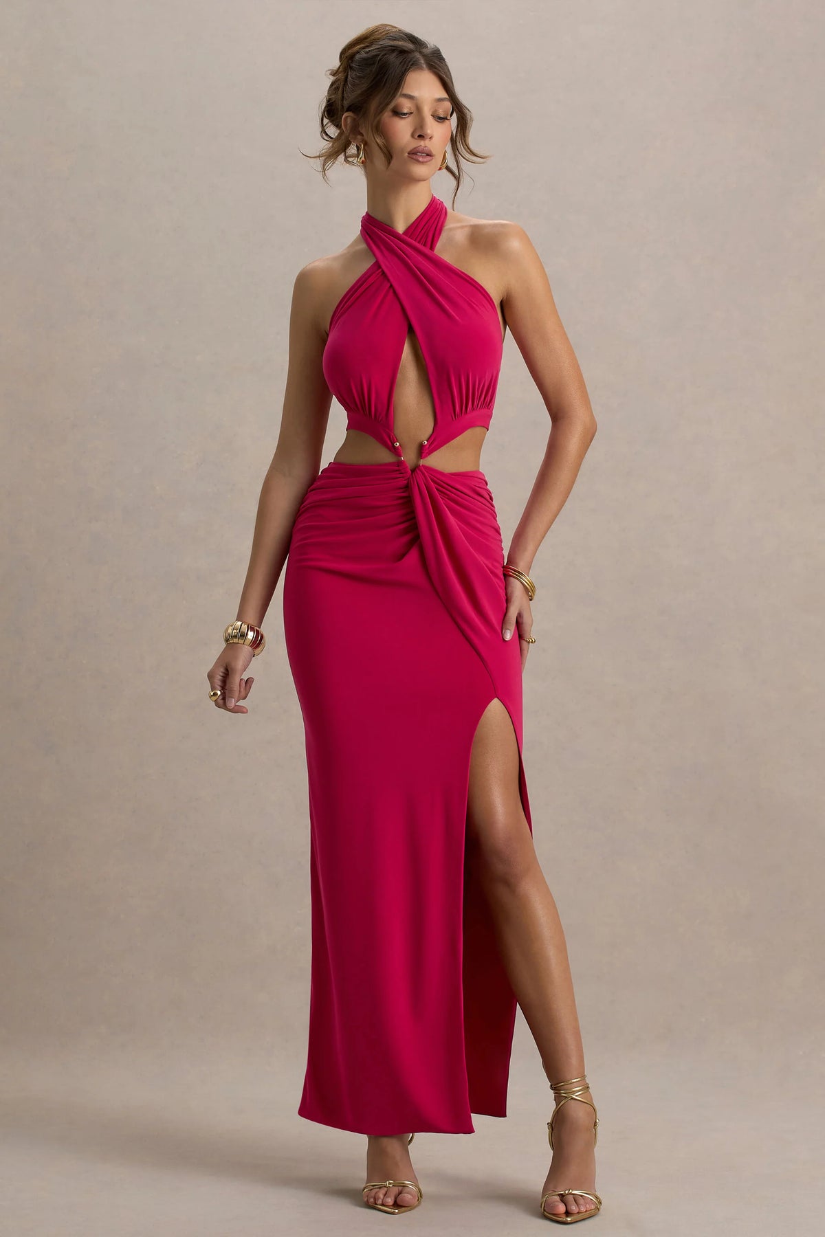 Aura Hot Pink Halter Neck Cut Out Split Maxi Dress