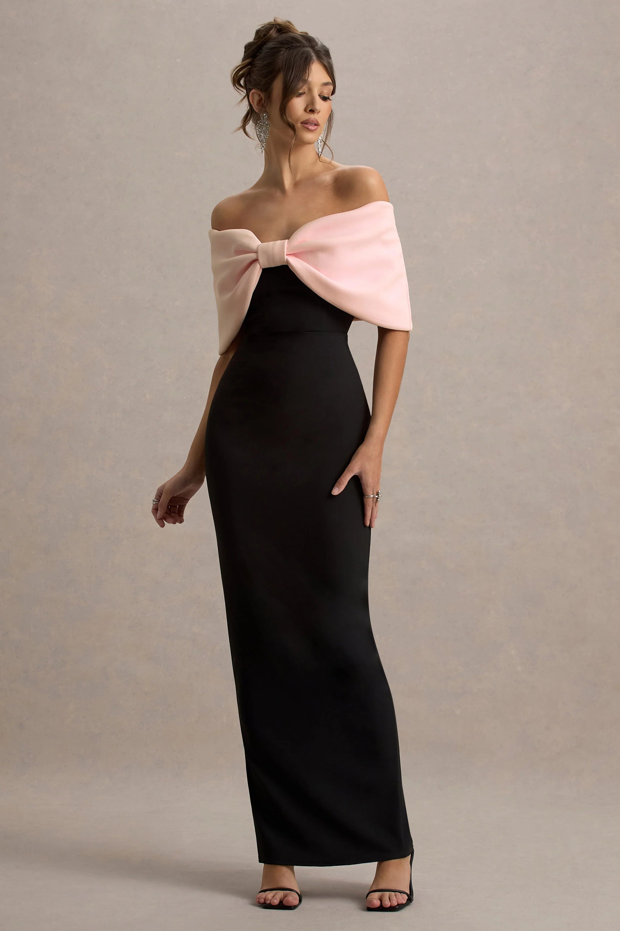 Cornelia Pink Black Strapless Maxi Dress With Oversized Bow
