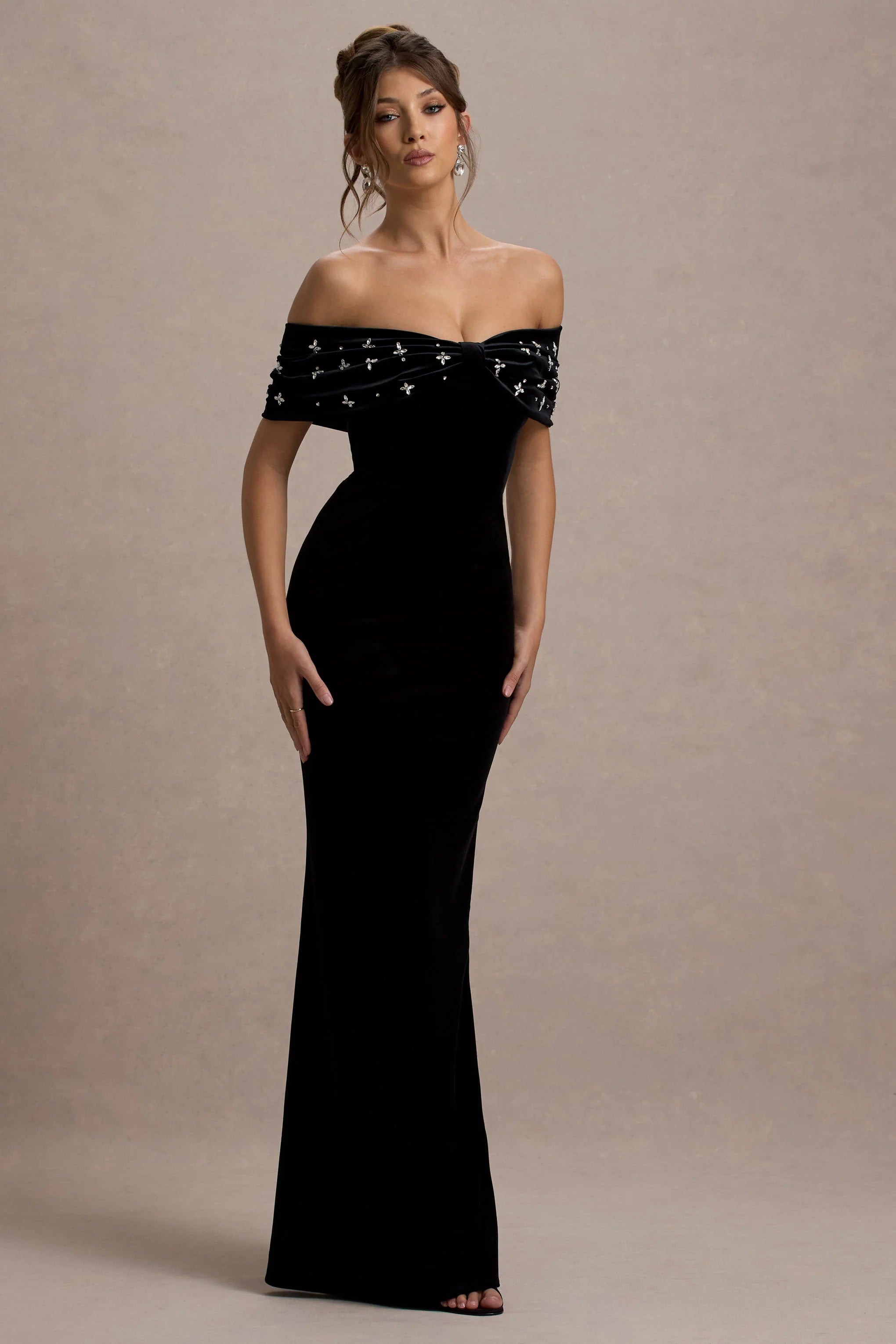 West End Black Velvet Embellished Bardot Maxi Dress