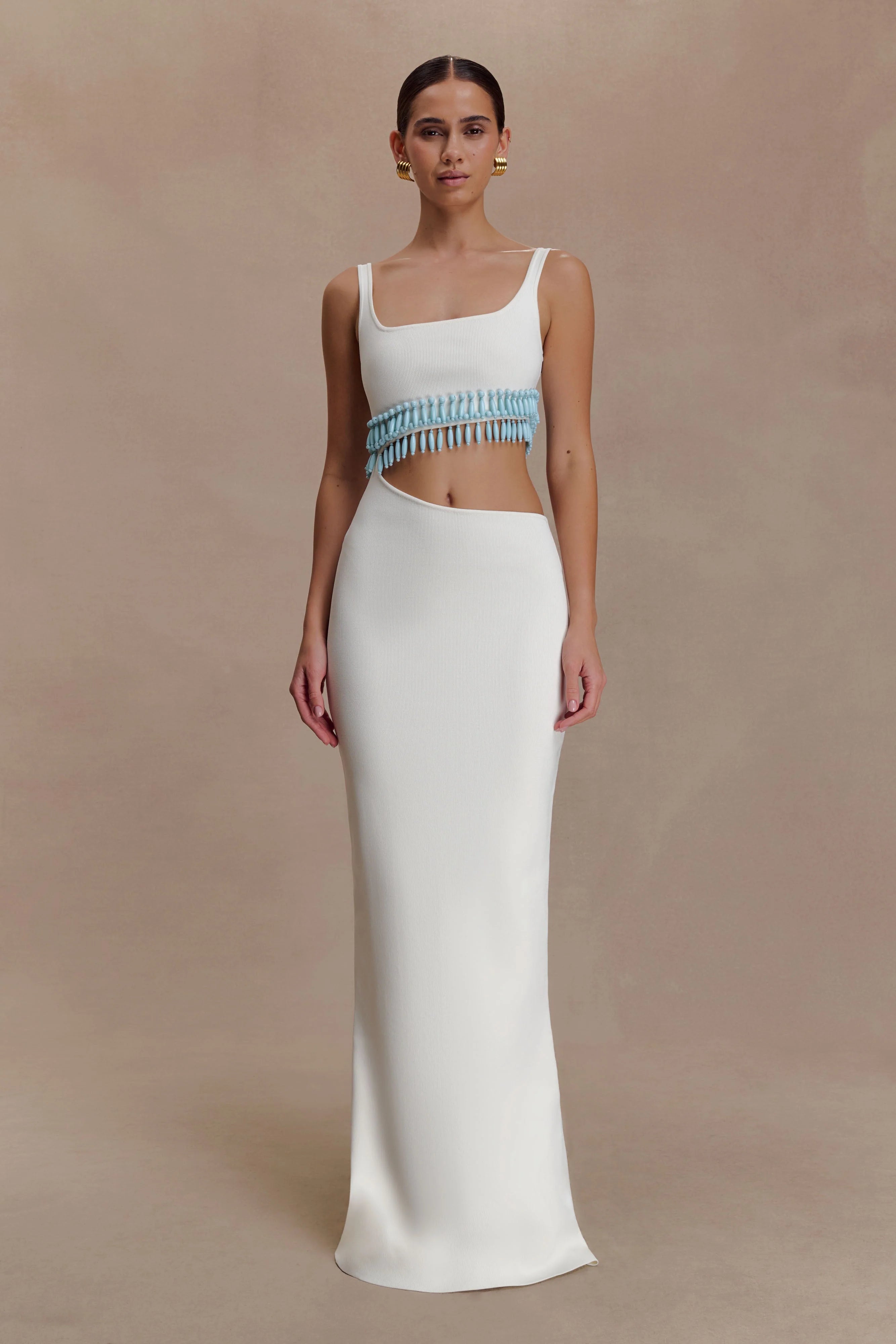 Ruvic Knit Maxi Beaded Dress White