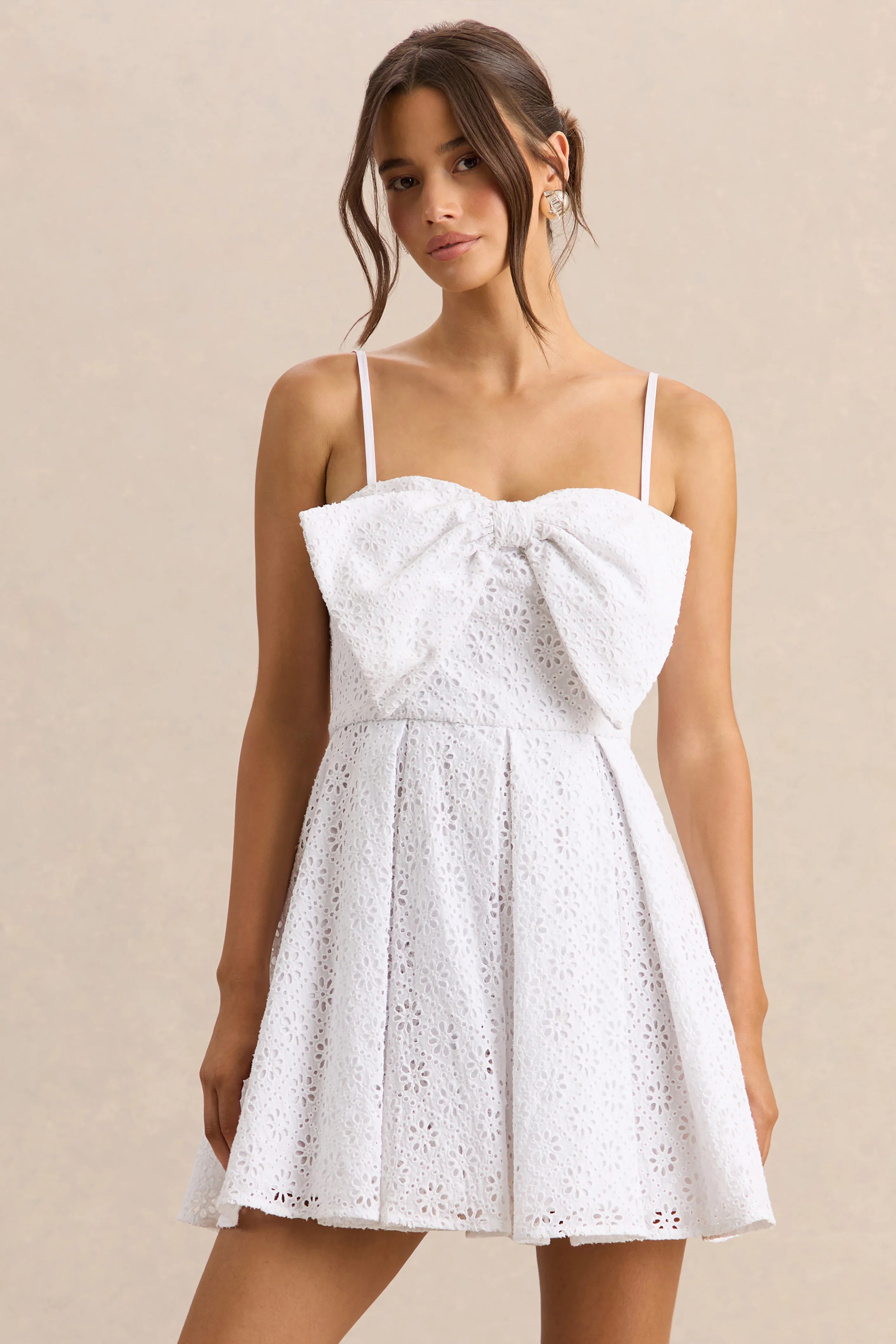 Elina White Square Neck Mini Dress With Bow Detail