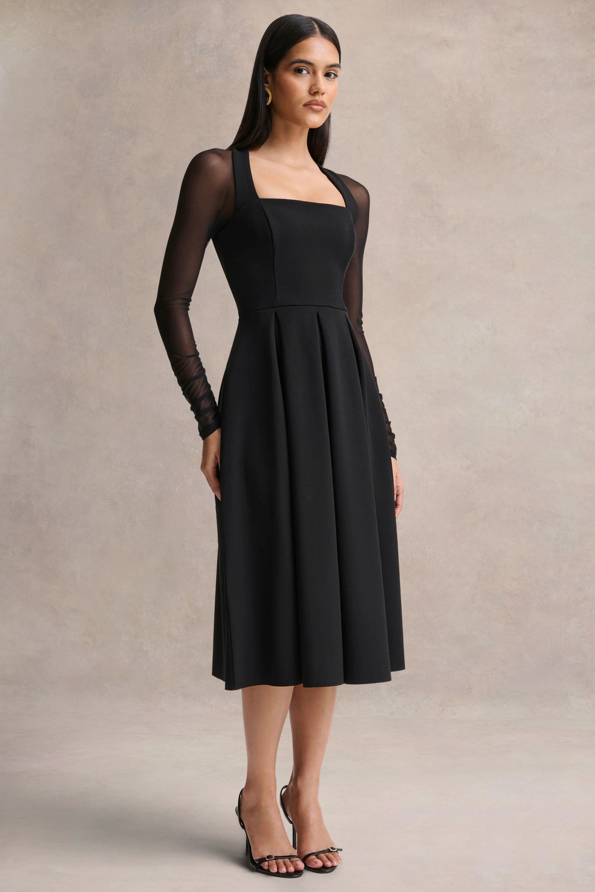Melinda Black Square Neck Midi Dress With Mesh Detailing