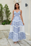 Women Floral Maxi Dress Spaghetti Straps V Neck Patchwork Flowy Boho Sundress Tiered Long Dresses