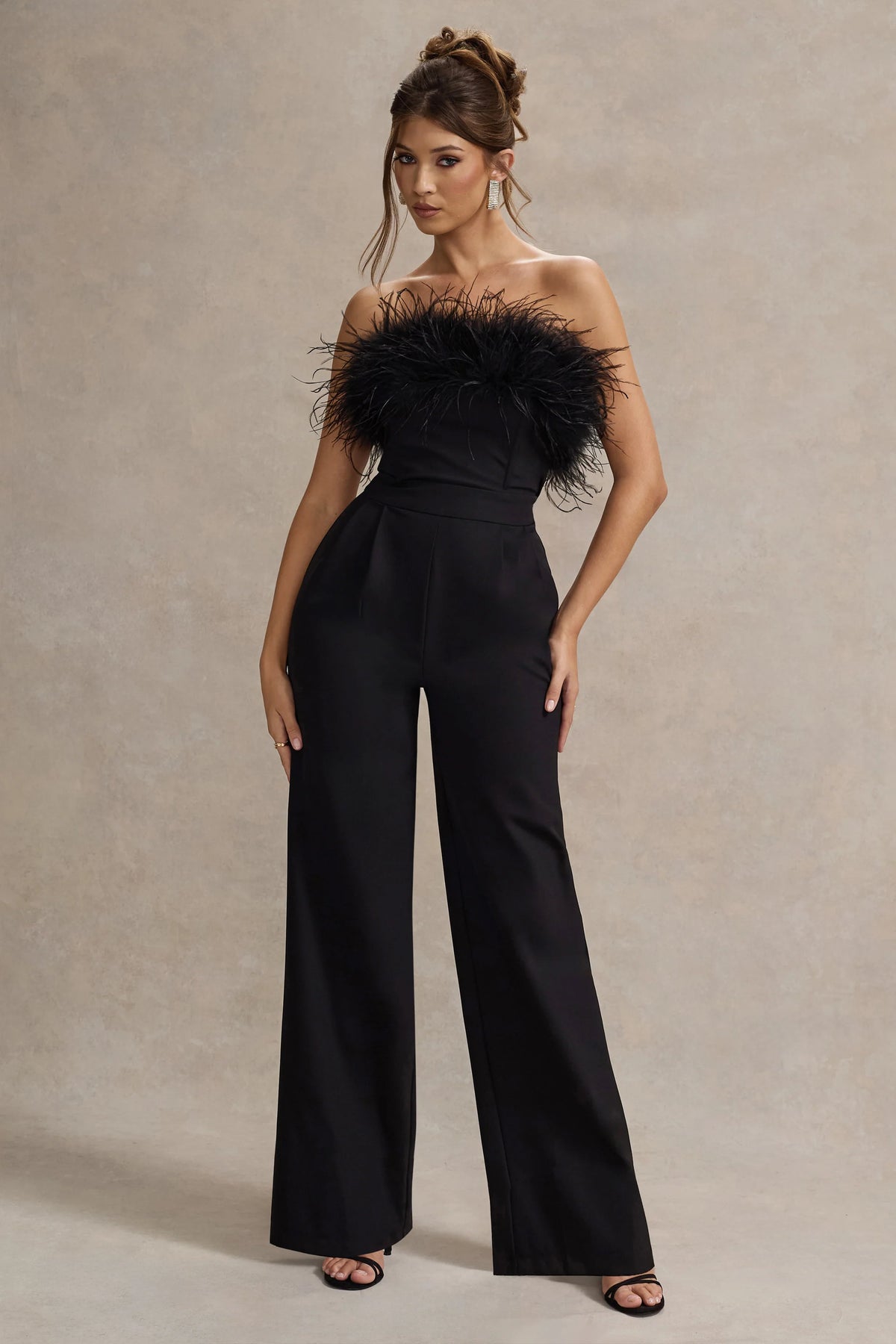 Delta Black Feather Bandeau Wide Leg Jumpsuit