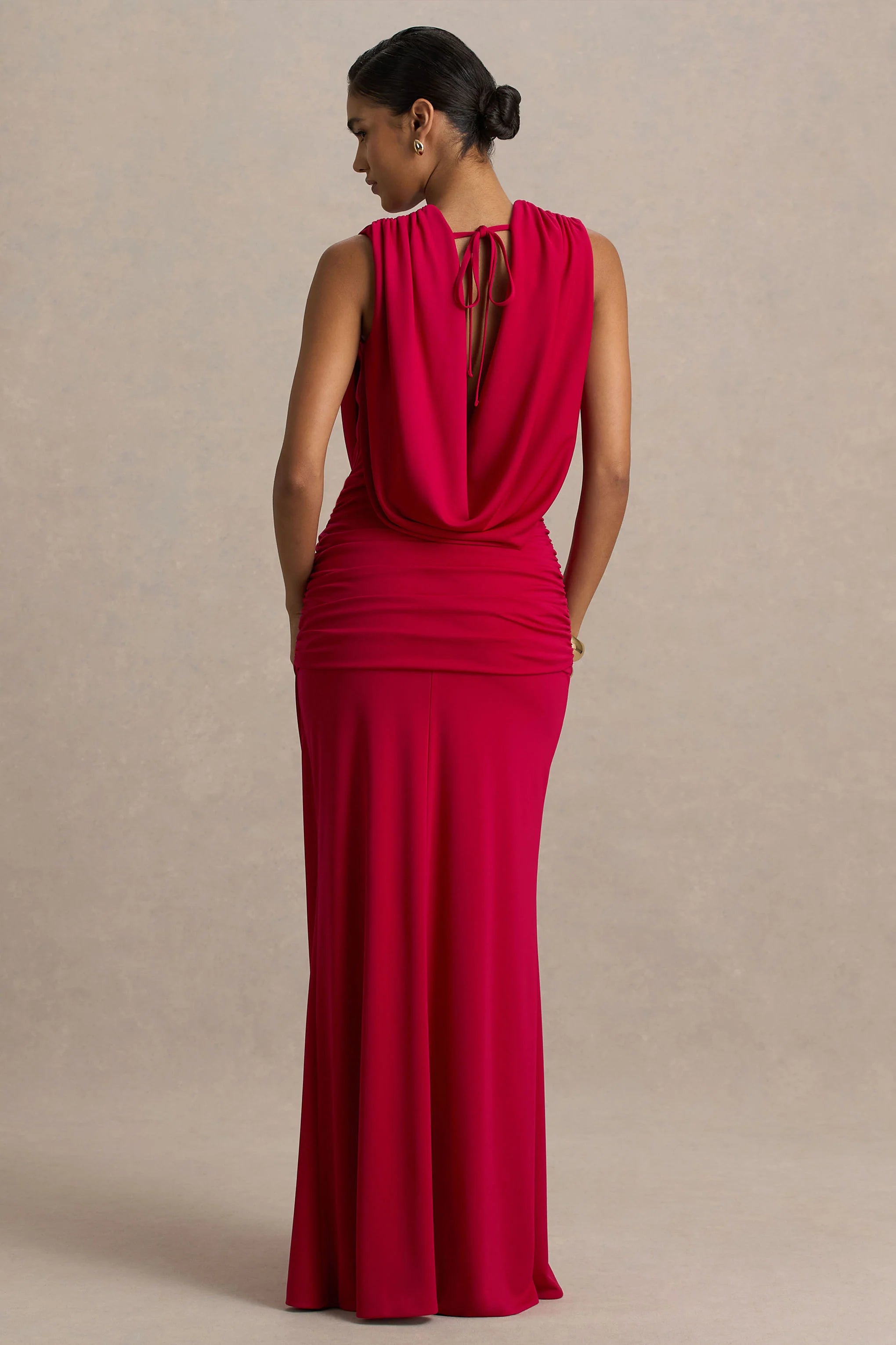 Serafina Red Extreme Plunge Maxi Dress With Ruched Detailing And Open Back