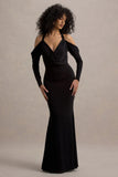 Hurghada Black Plunge Neck Long Sleeve Maxi Dress