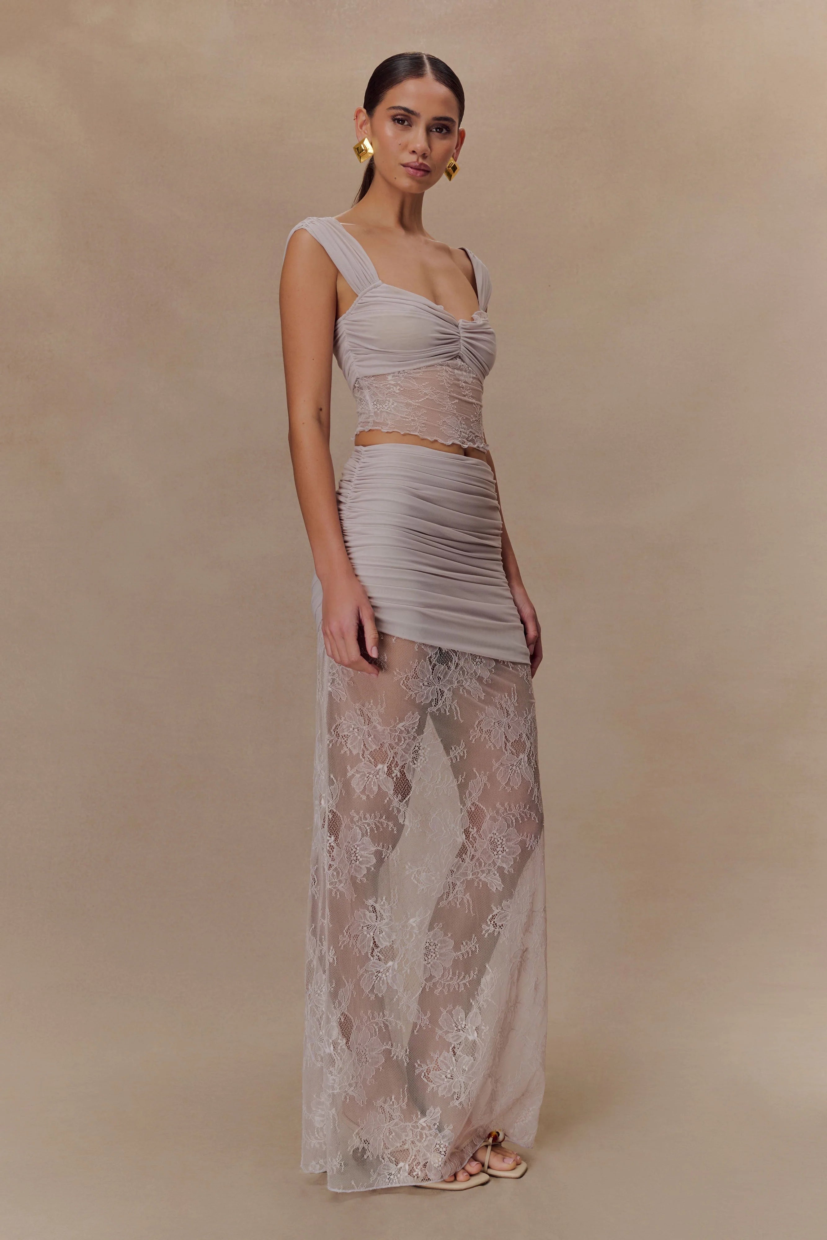 Guinevere Lace And Mesh Maxi Skirt Lilac