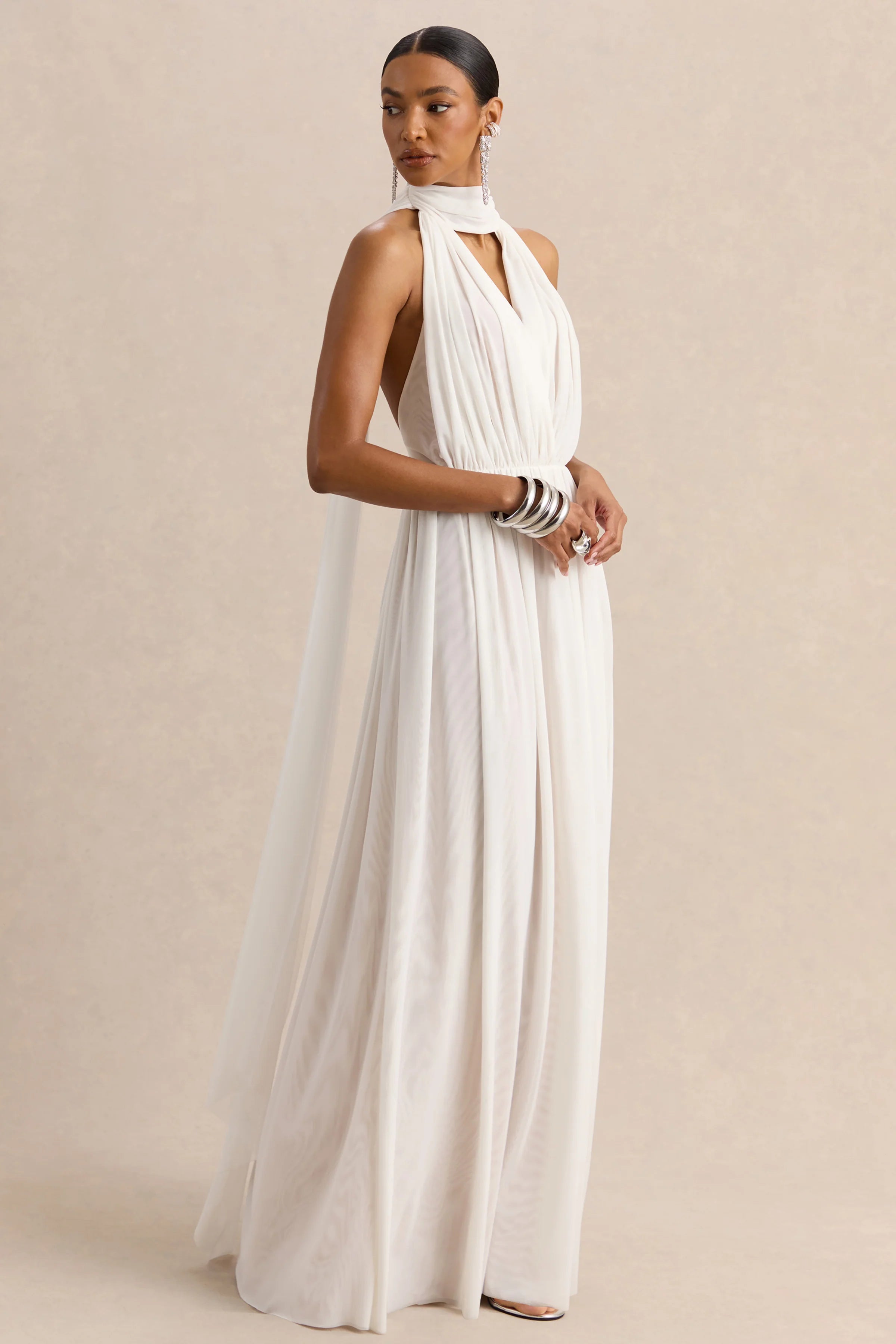 Rylina White Mesh Halter Neck Maxi Dress With Scarf And Open Back