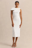 Clarina White Asymmetric Neck Midi Dress With Bow Detail