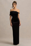 Poised Black Velvet Bardot Neck Maxi Dress With Twist Sleeve