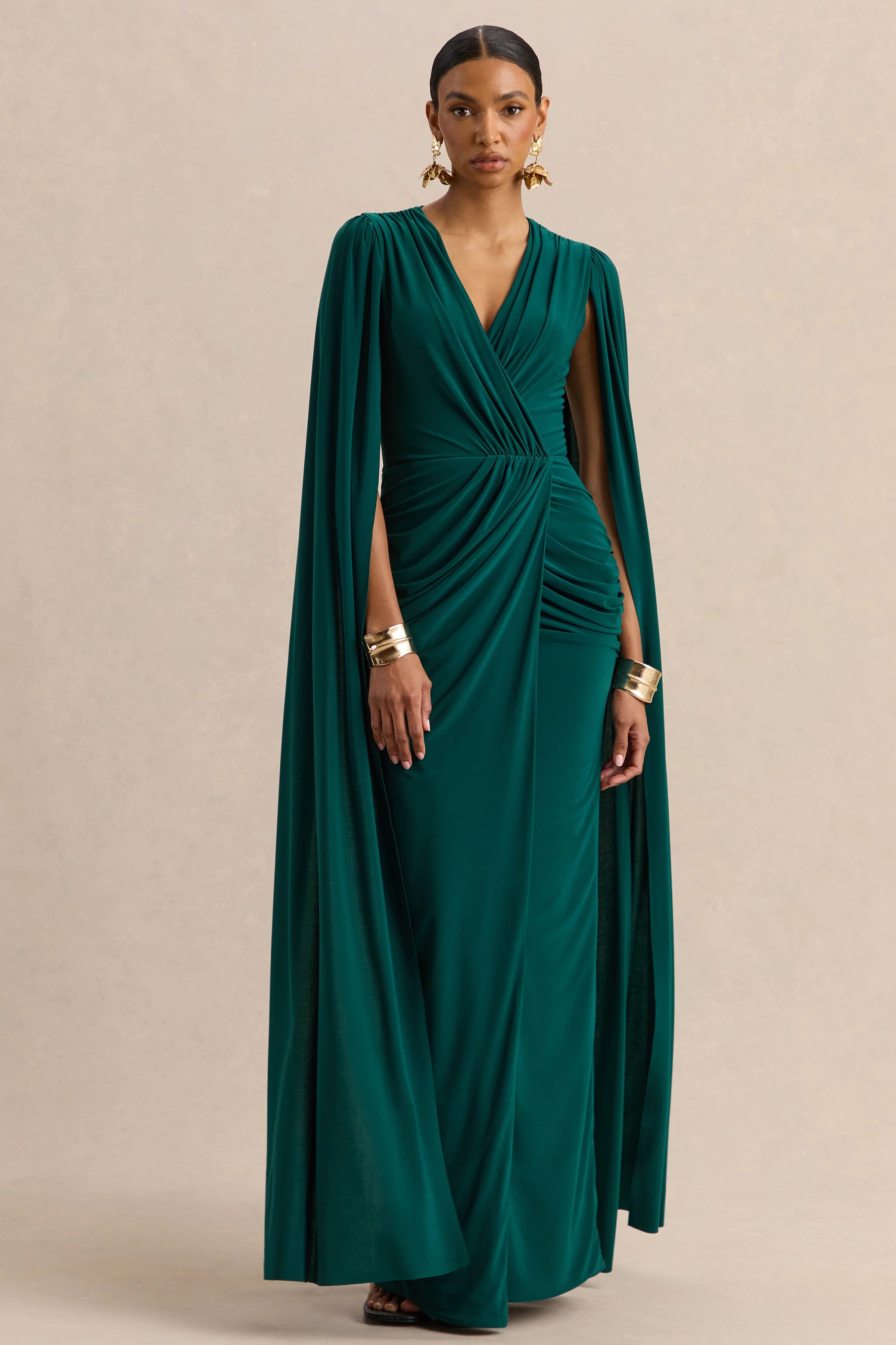 Ulissia Bottle Green V Neck Maxi Dress With Cape Sleeves
