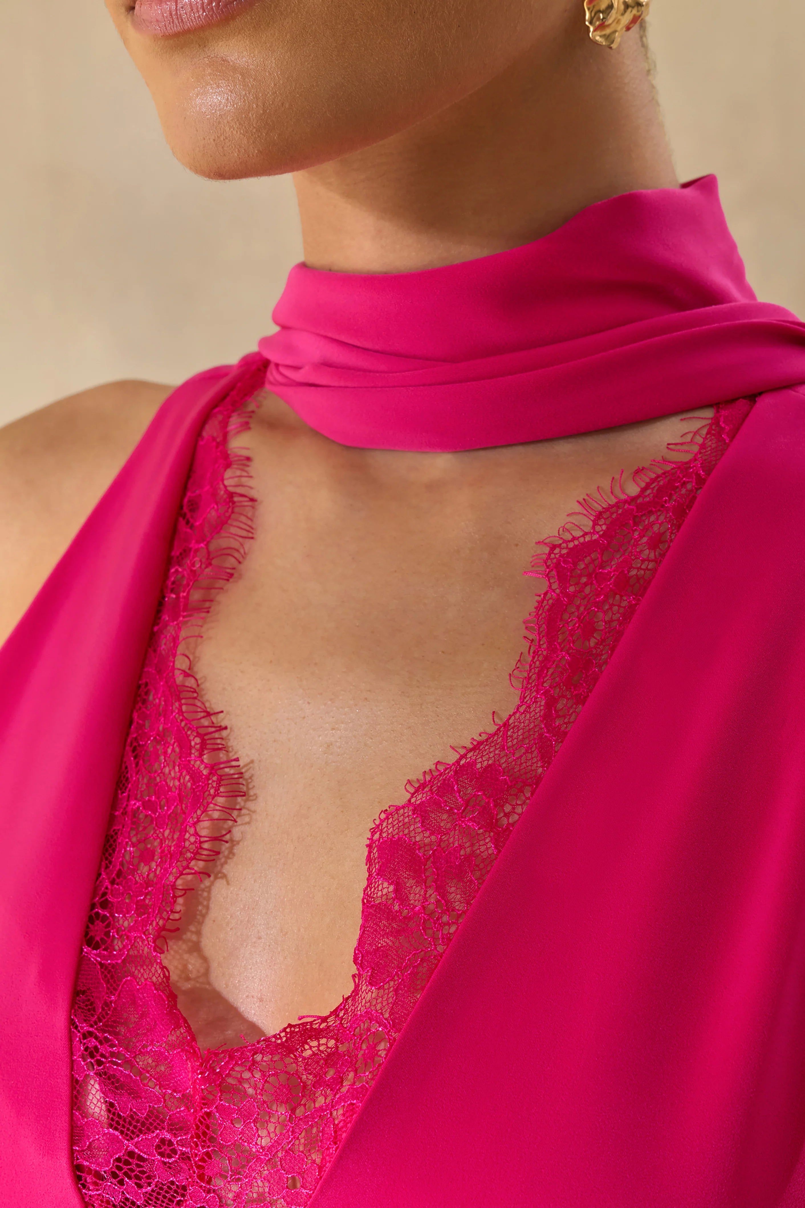 True Icon Hot Pink Satin High Neck Maxi Slip Dress With Sash