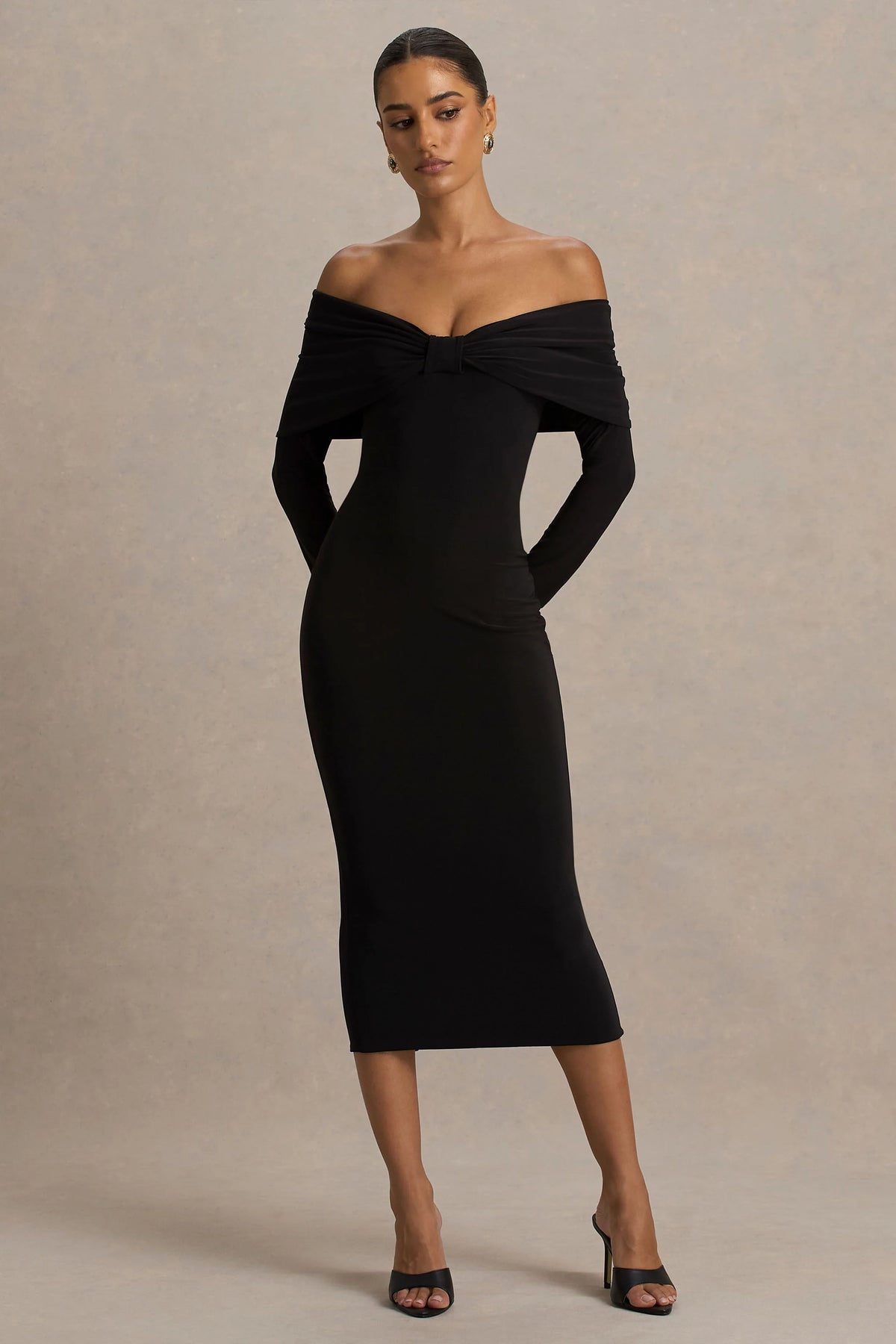 Spark Black Bardot Neck Midi Dress With Bow Detail