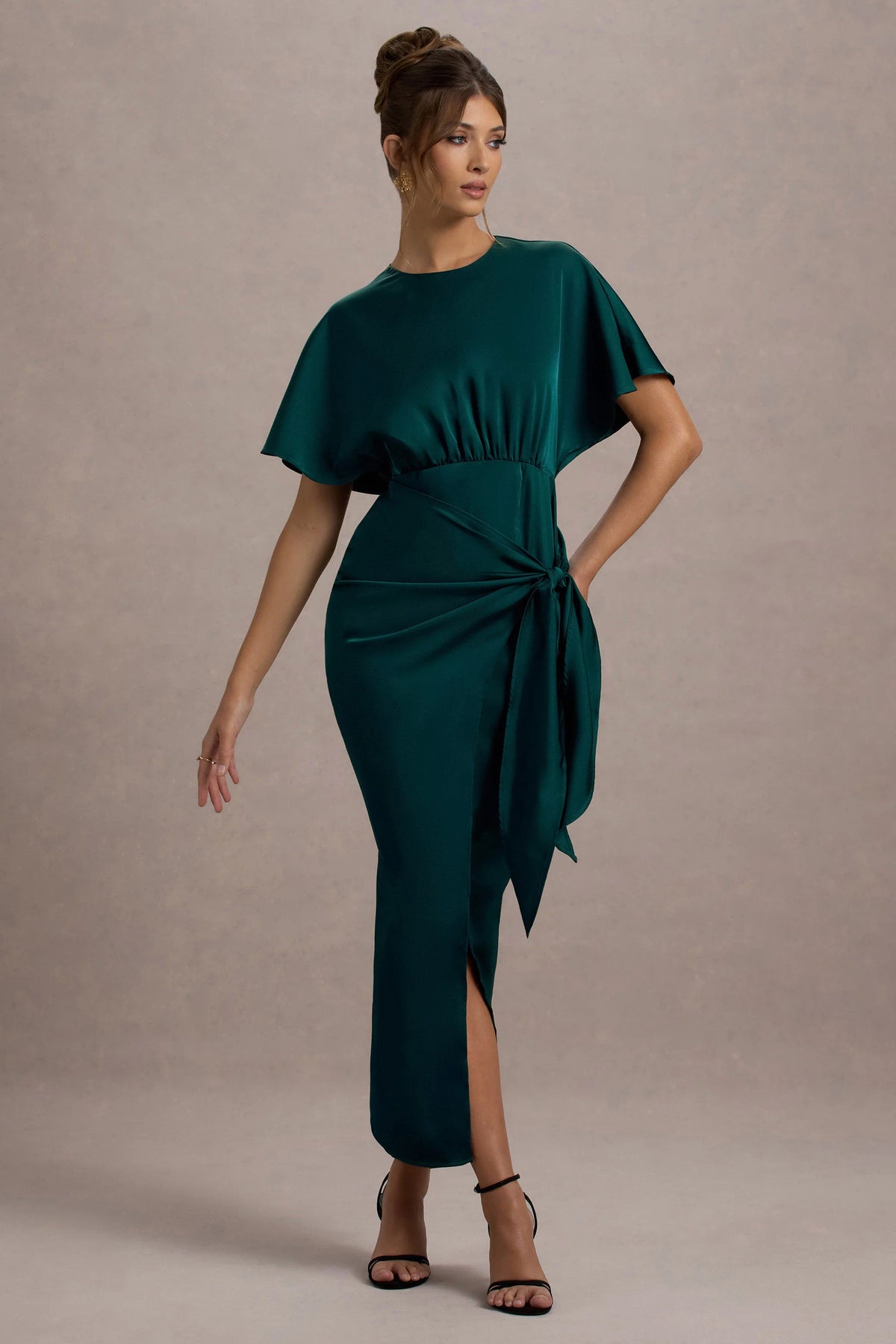 Mika Bottle Green Satin Short Sleeve Wrap Maxi Dress