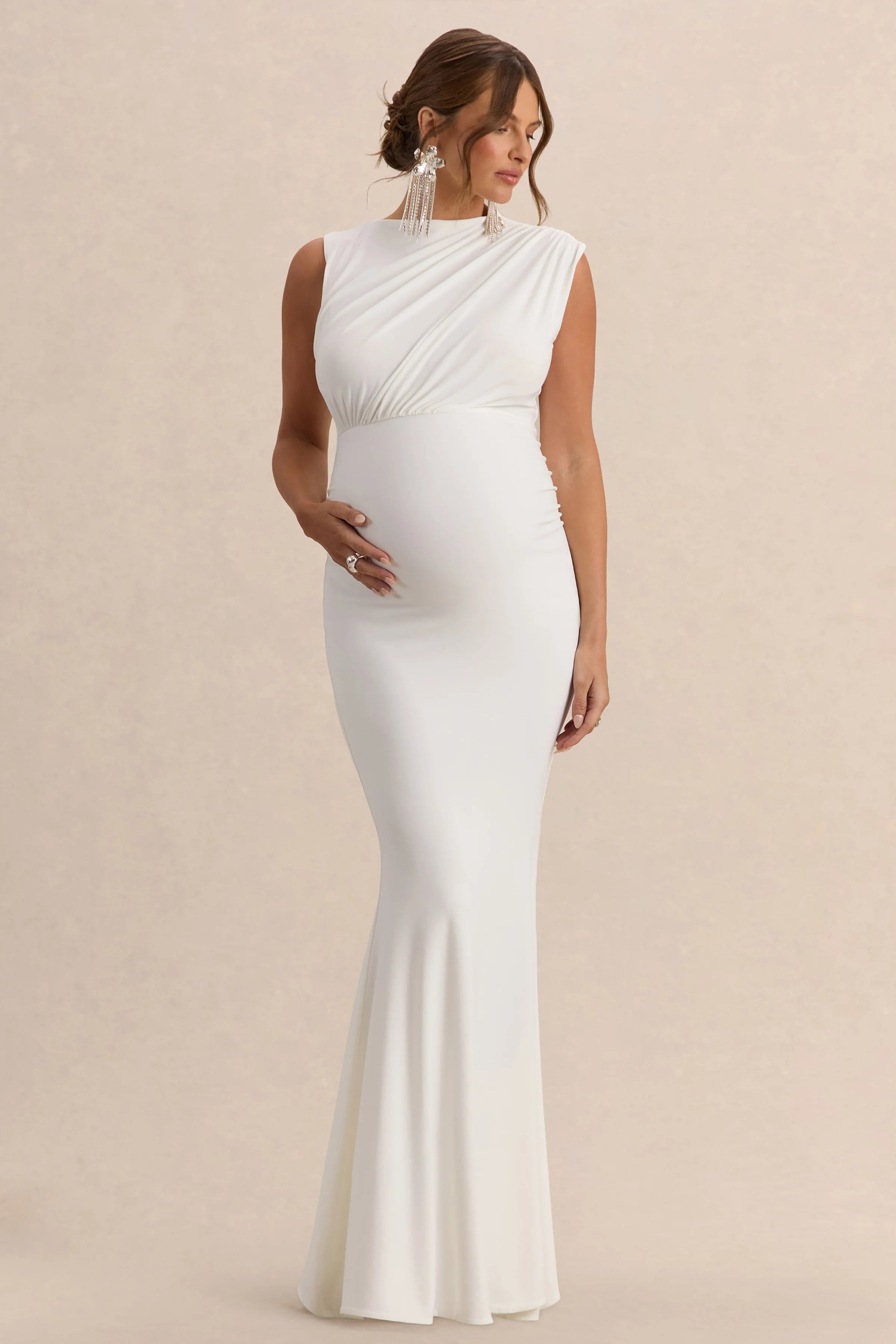 Osanna White Wide Neck Maternity Maxi Dress With Ruched Detailing