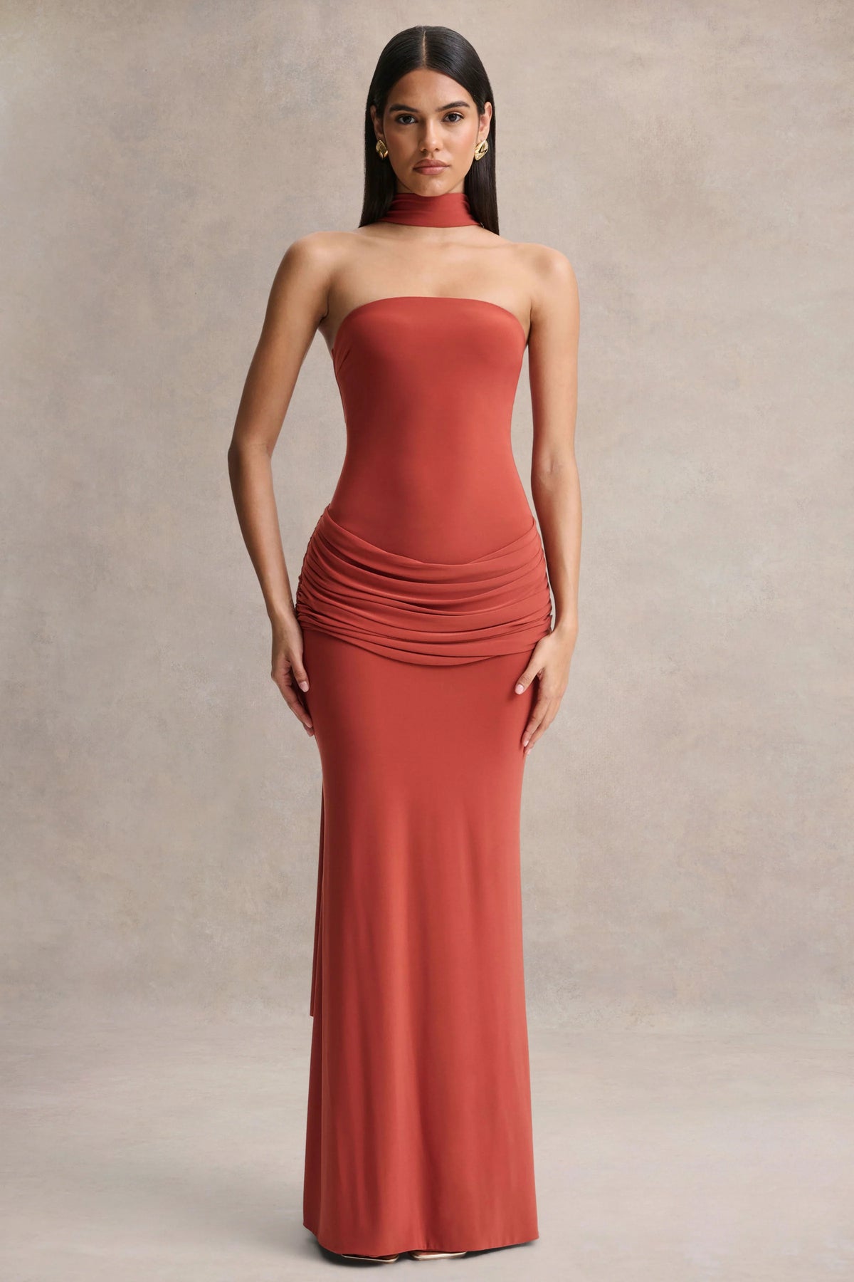 Graciella Rust Bandeau Maxi Dress With Draped Detailing And Scarf