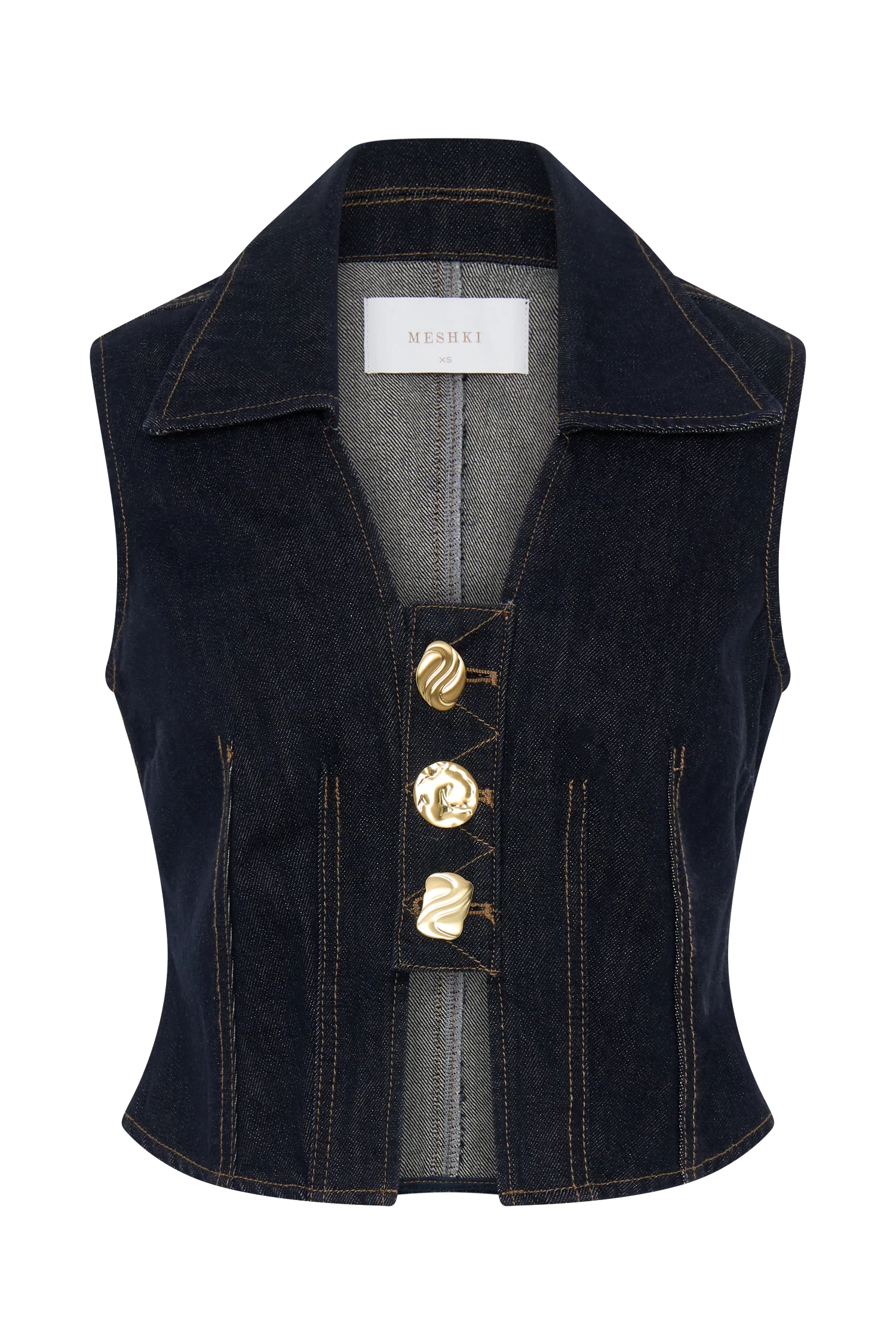 Shona Denim Vest With Decorative Buttons Washed Indigo Blue