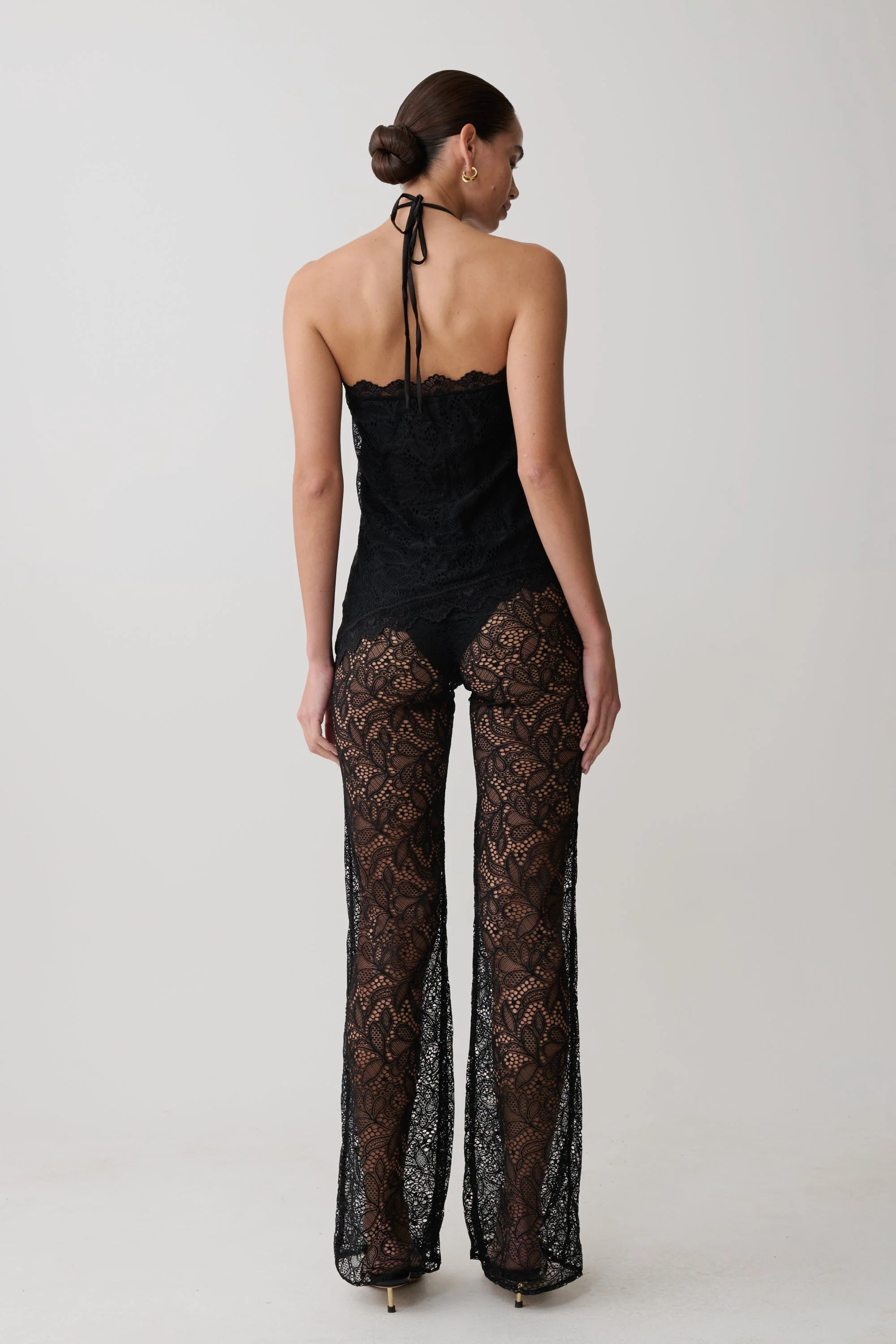 Theodosia Asymmetric Lace Halter Top Black