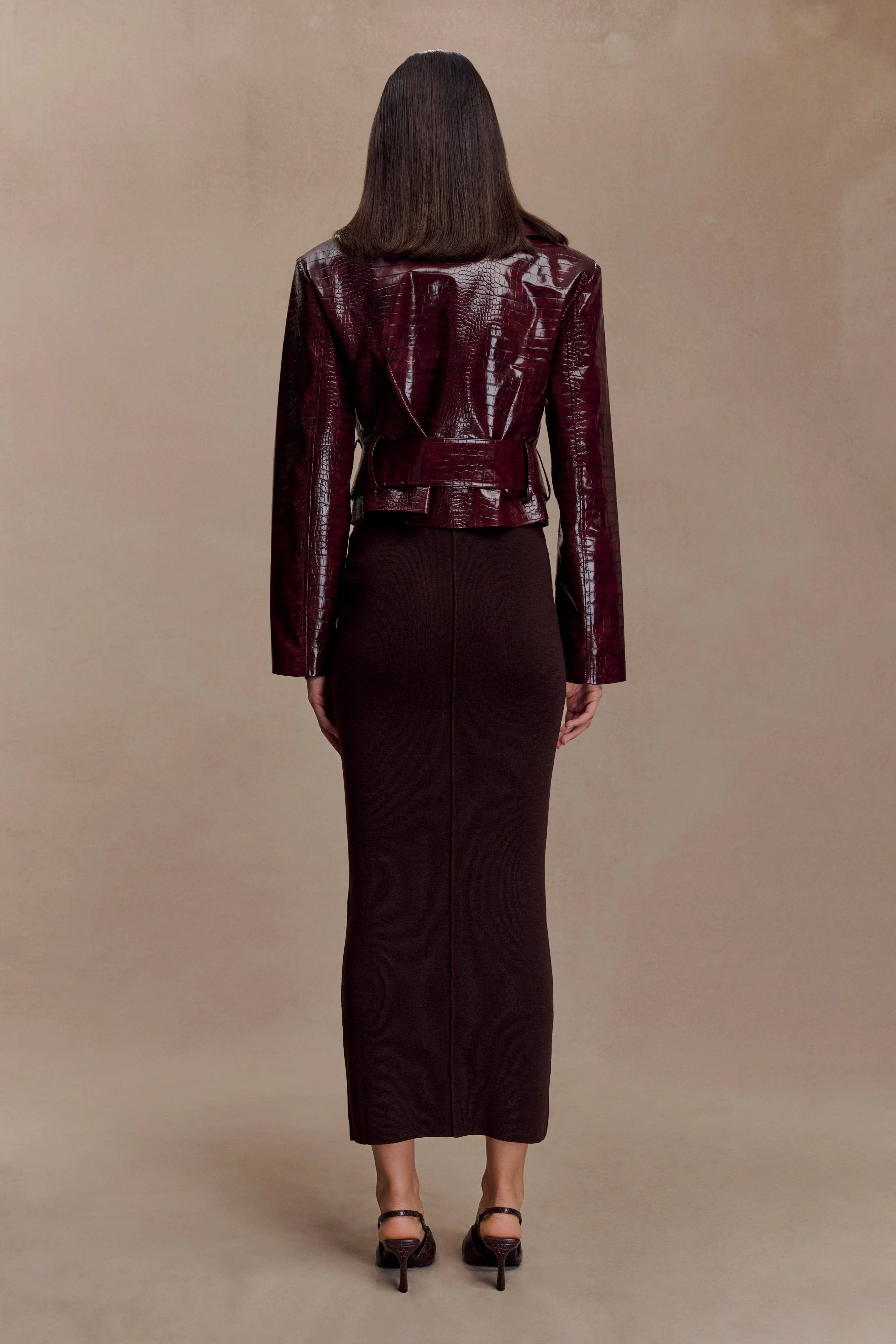 Archie Croc Faux Leather Cropped Jacket Burgundy