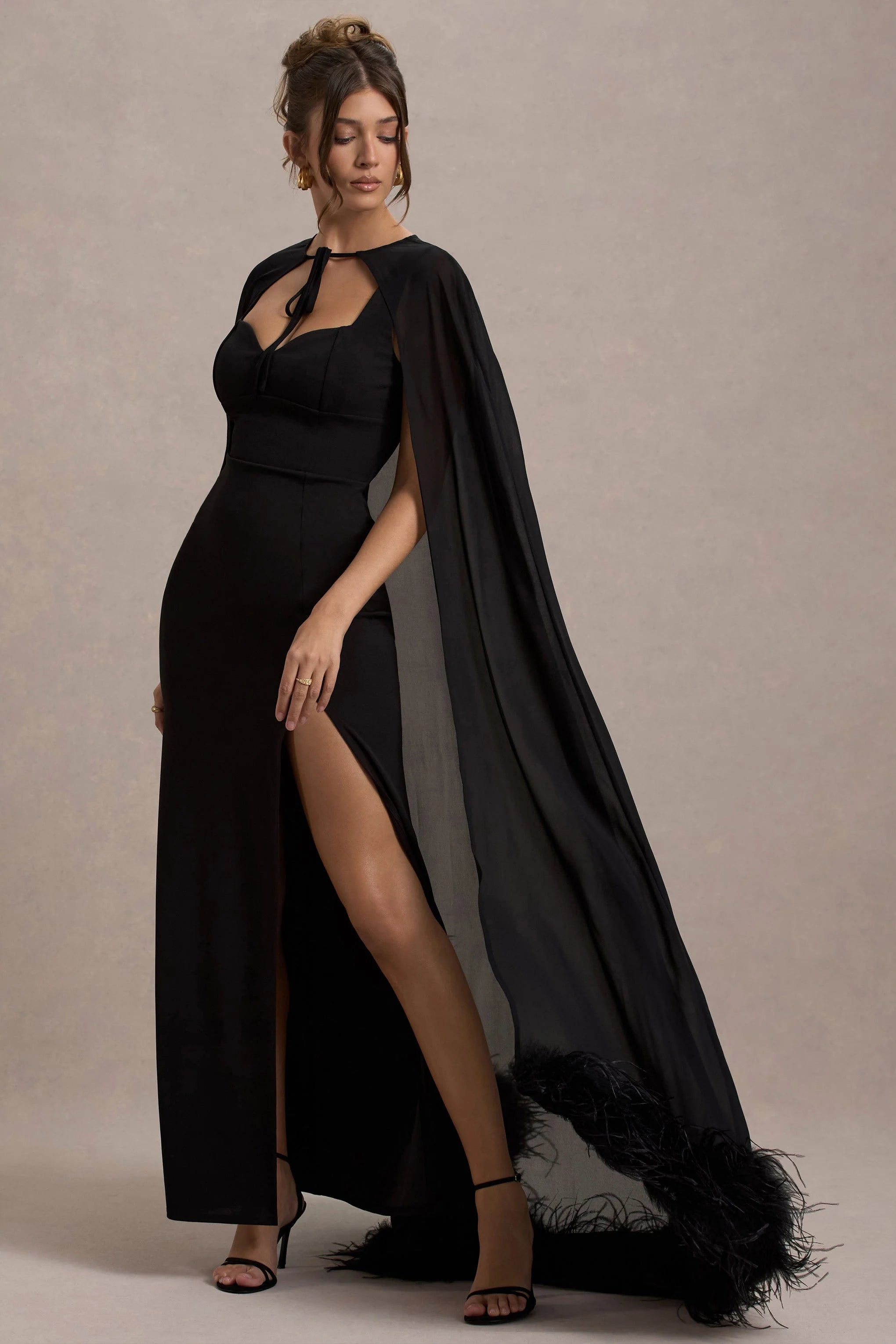 Veranna Black Chiffon Cape with Fur Trim