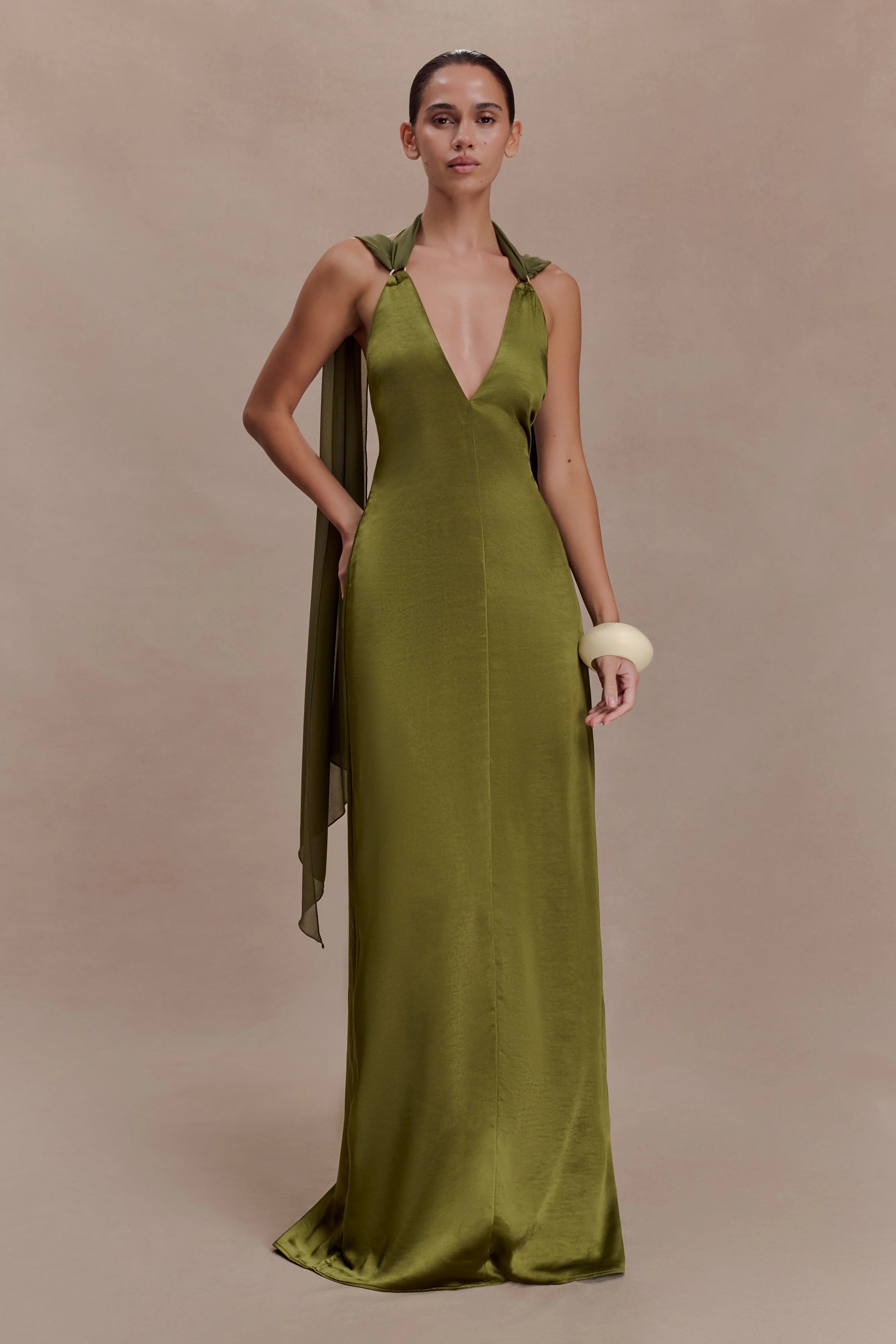 Myla Draped Shoulders Satin Maxi Dress Khaki
