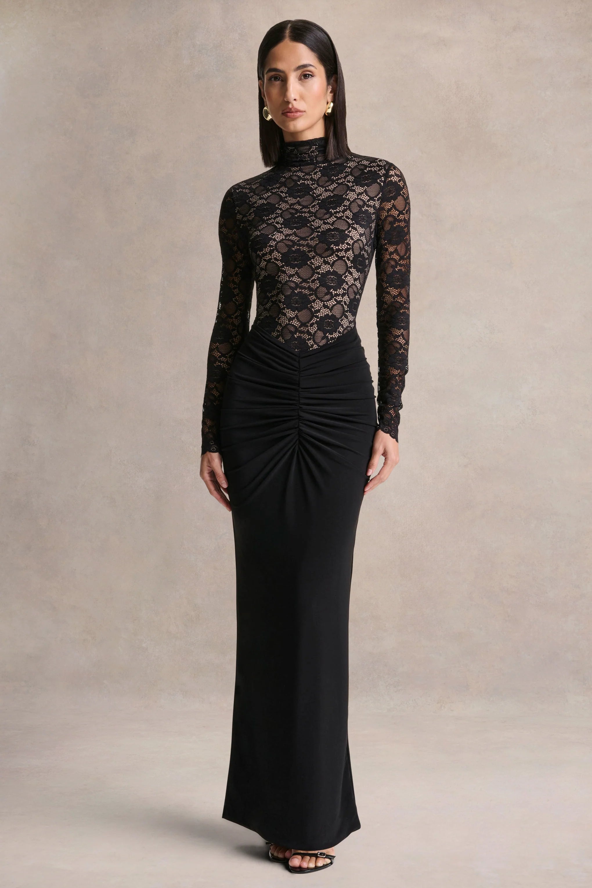 Justina Black High Neck Maxi Dress With Gathered Detailing