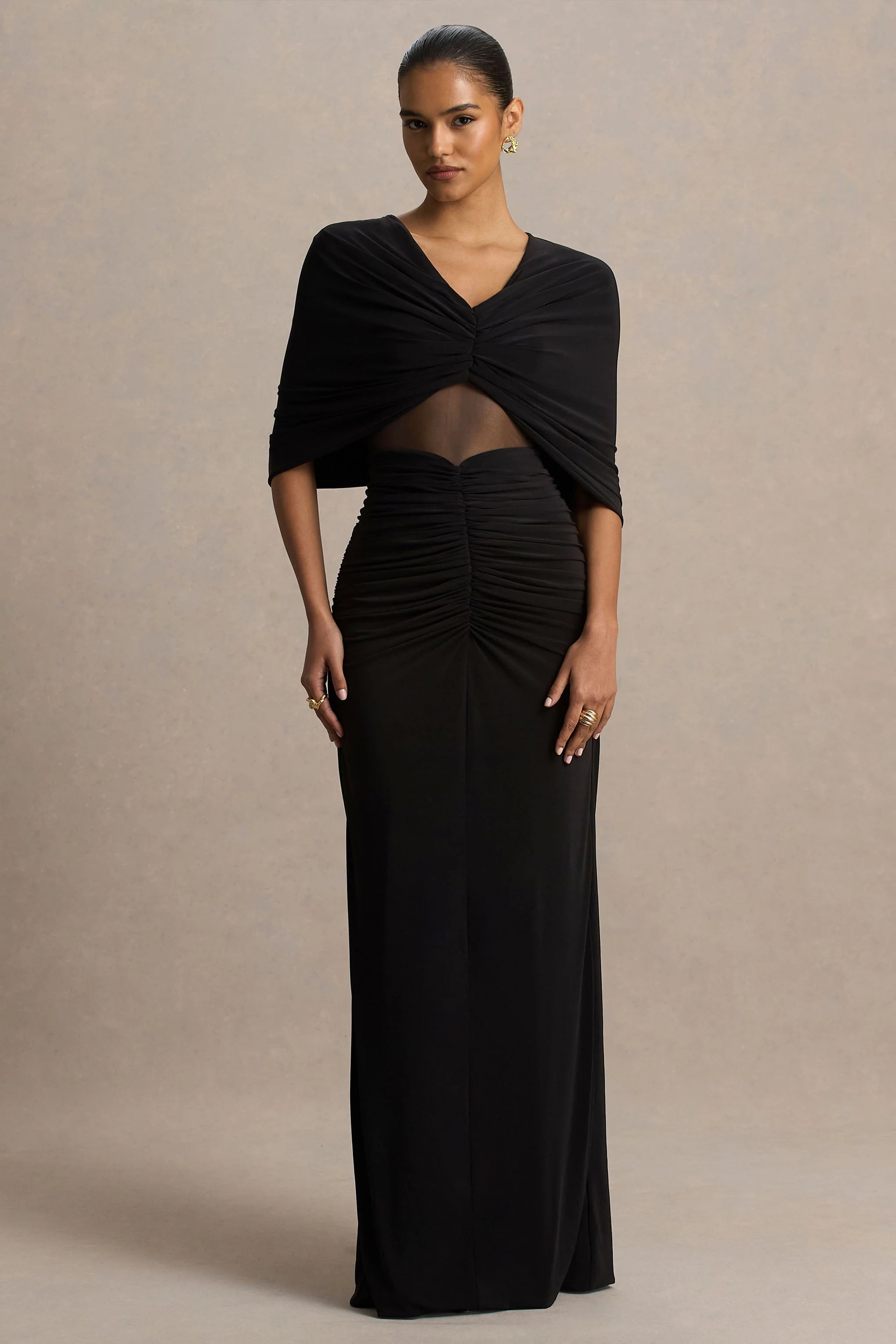 Zinnie Black Cape Sleeve Maxi Dress With Mesh Panel