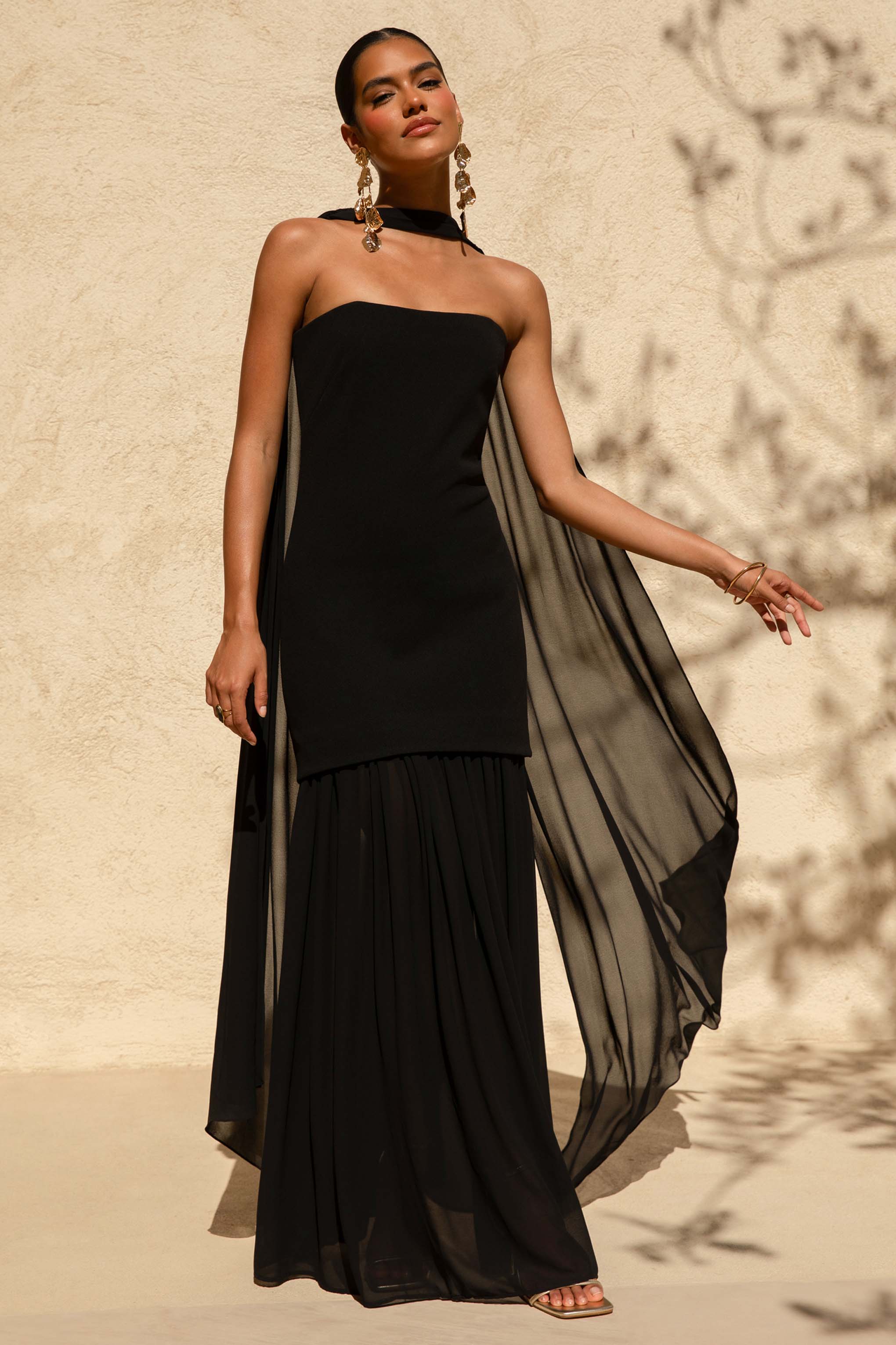 Kylie Black High Neck Maxi Dress With Chiffon Skirt