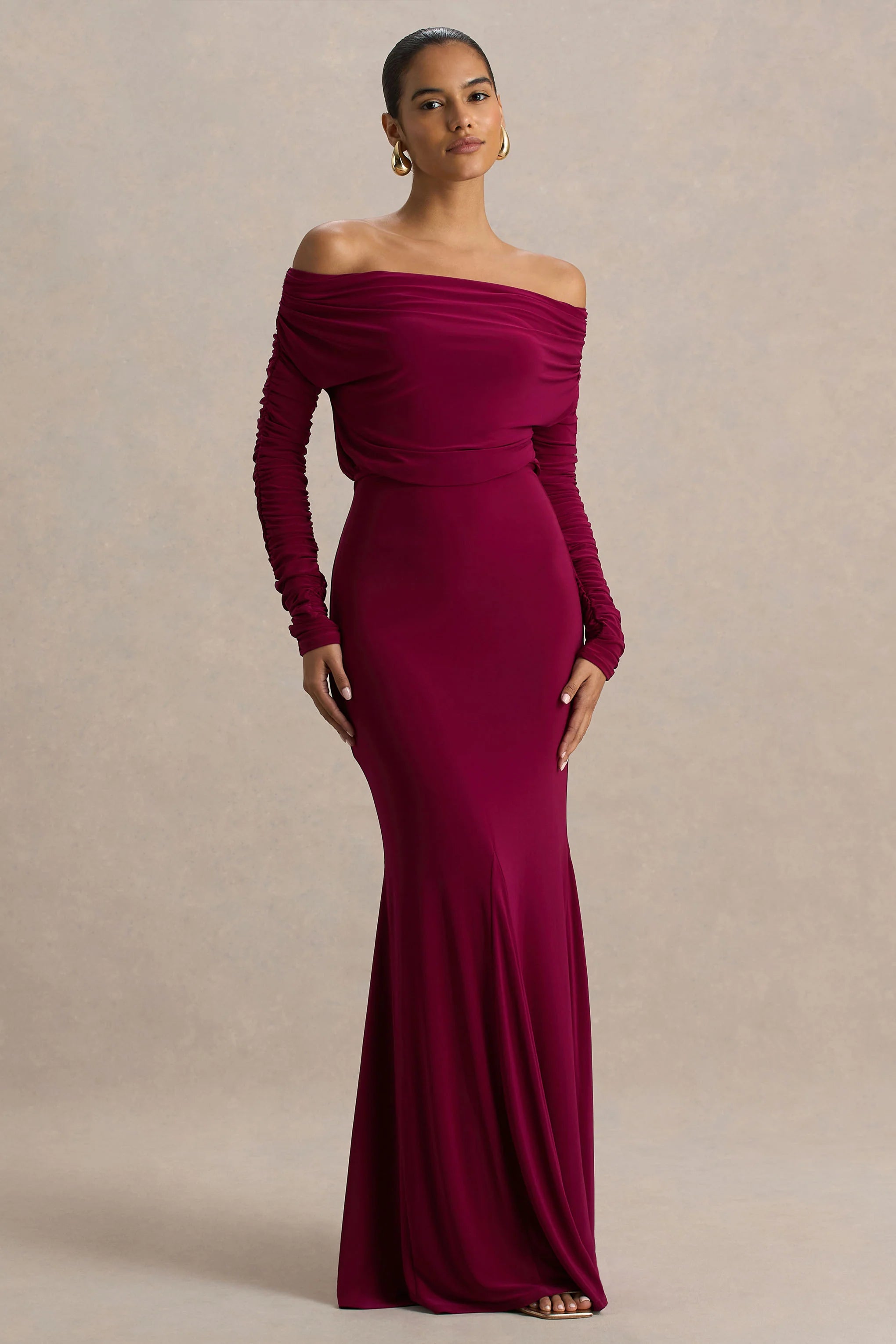 Cilla Burgundy Bardot Neck Maxi Dress With Ruched Detailing
