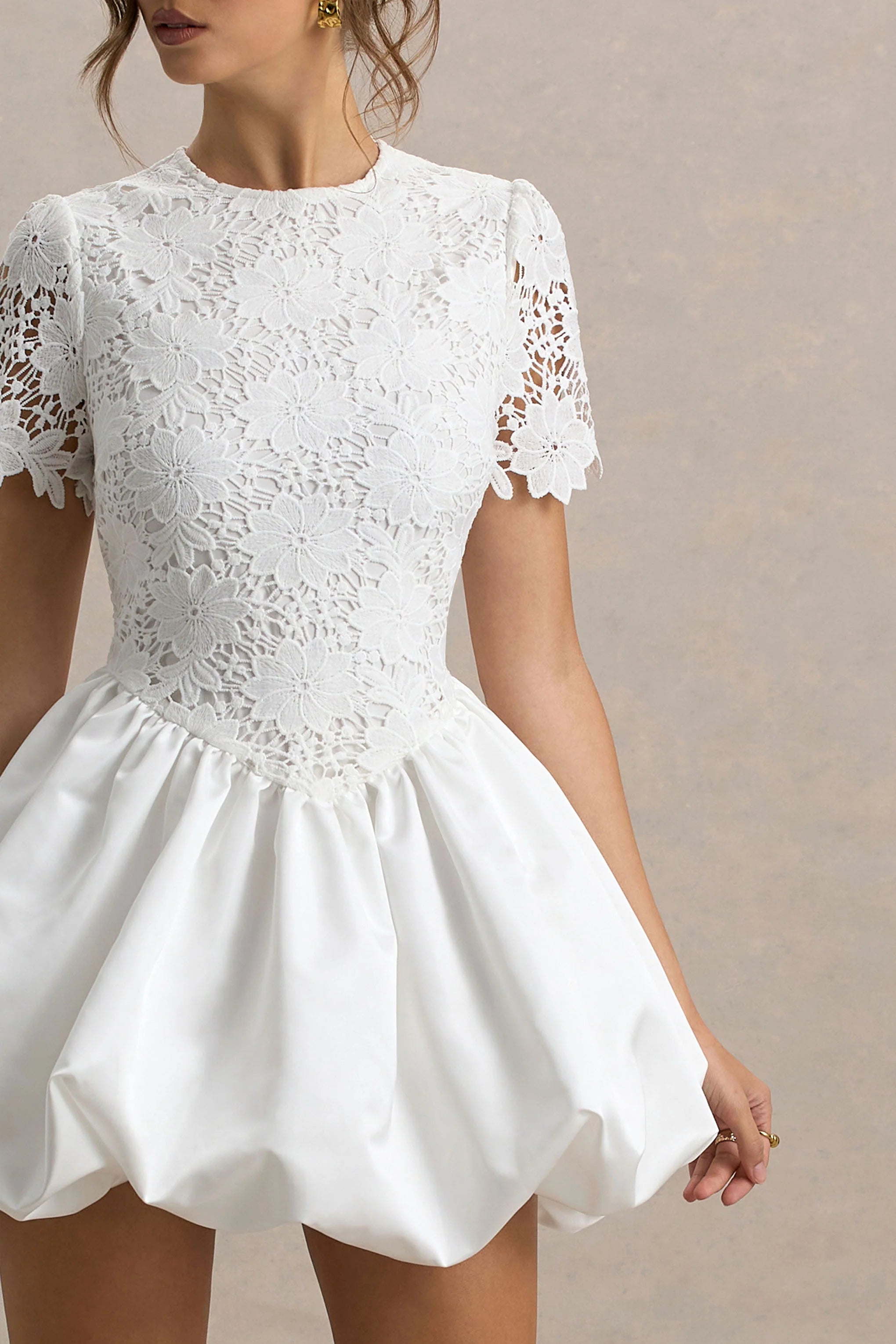 Taffy White Lace Mini Dress With Satin Puffball Skirt