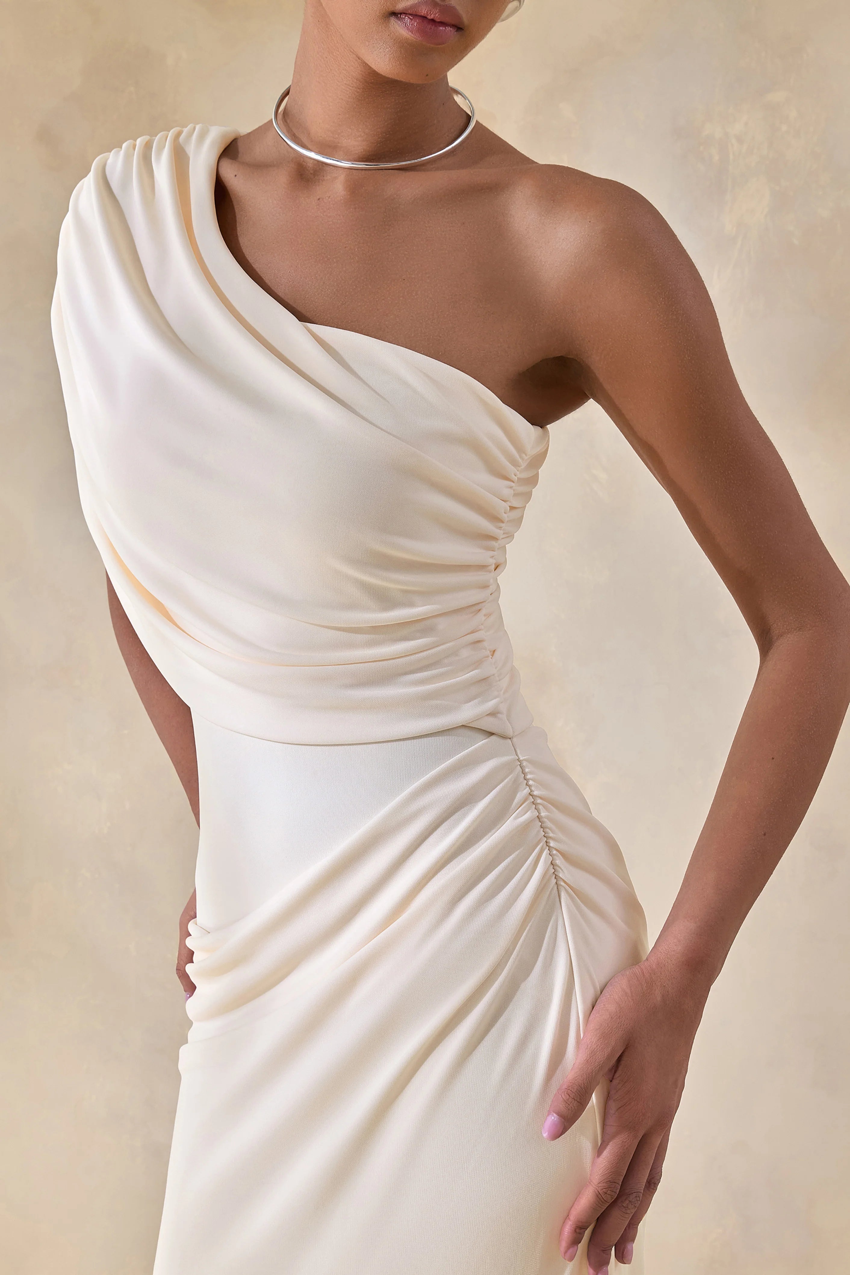 Iberia Cream Asymmetric Neck Maxi Dress With Draped Detail