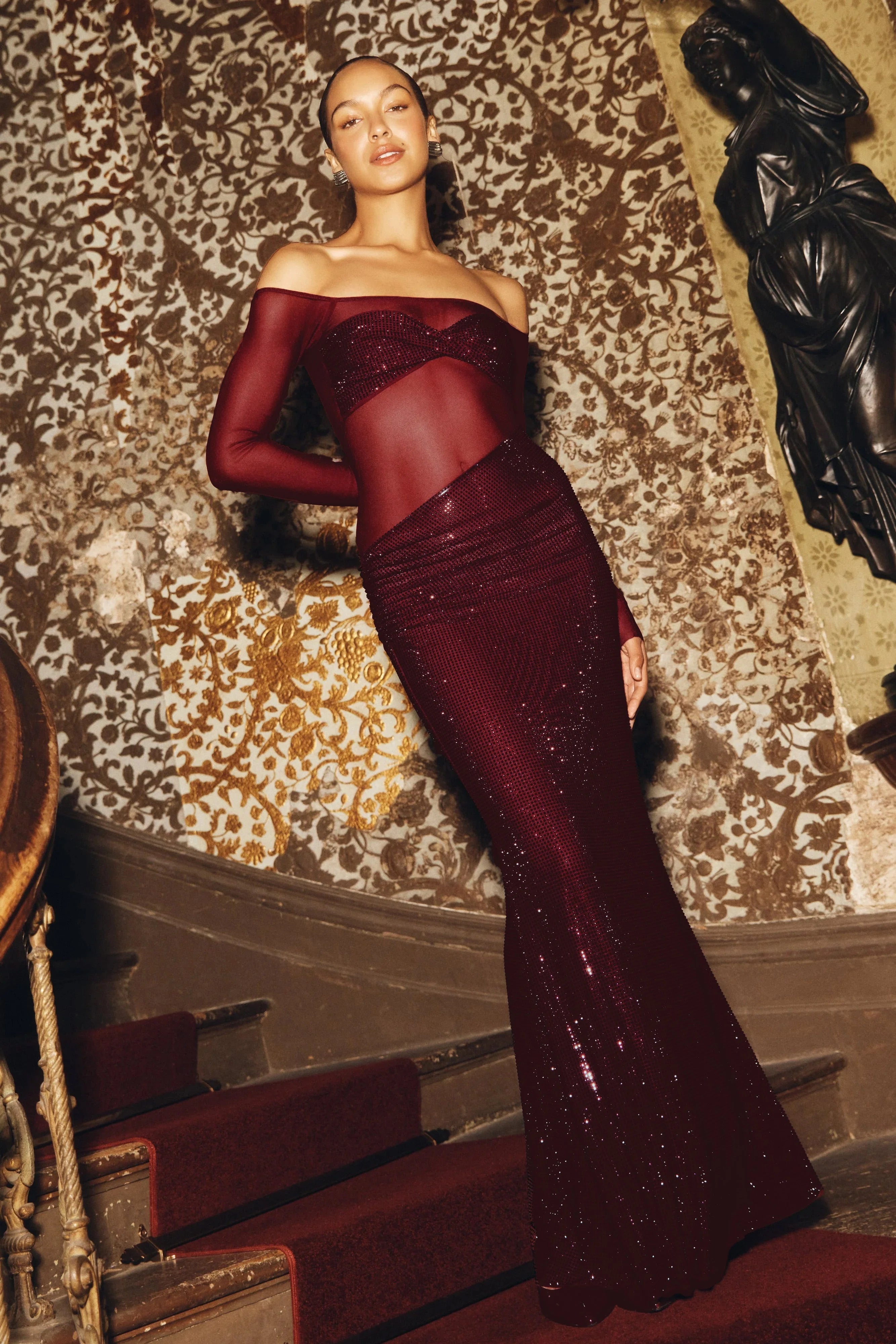 Nash Diamante Off Shoulder Maxi Dress Mahogany