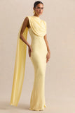 Patrina Lemon High Neck Maxi Dress With Draped Detailing And Cape Sleeves