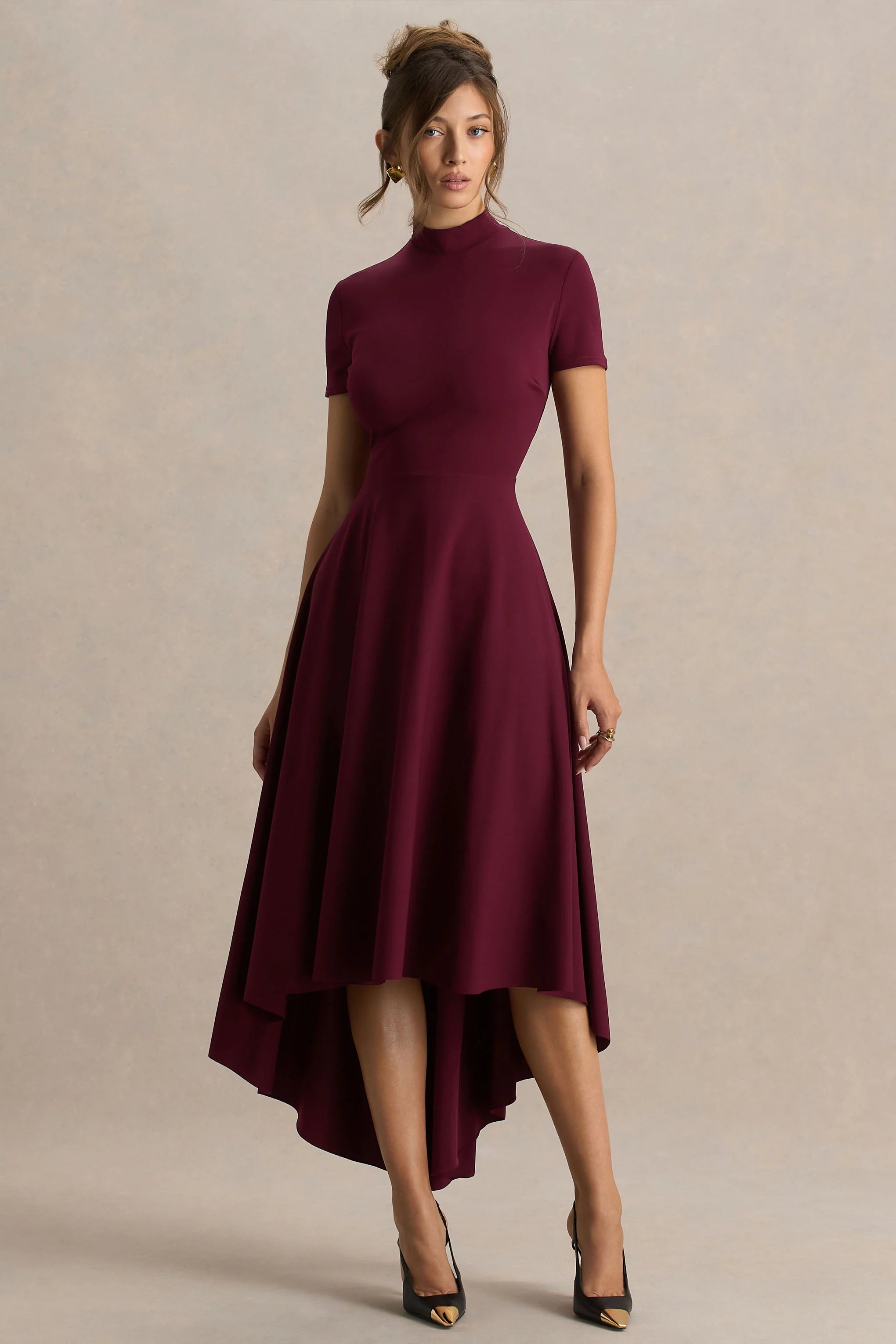 Bellona Burgundy High Neck High Low Midi Dress