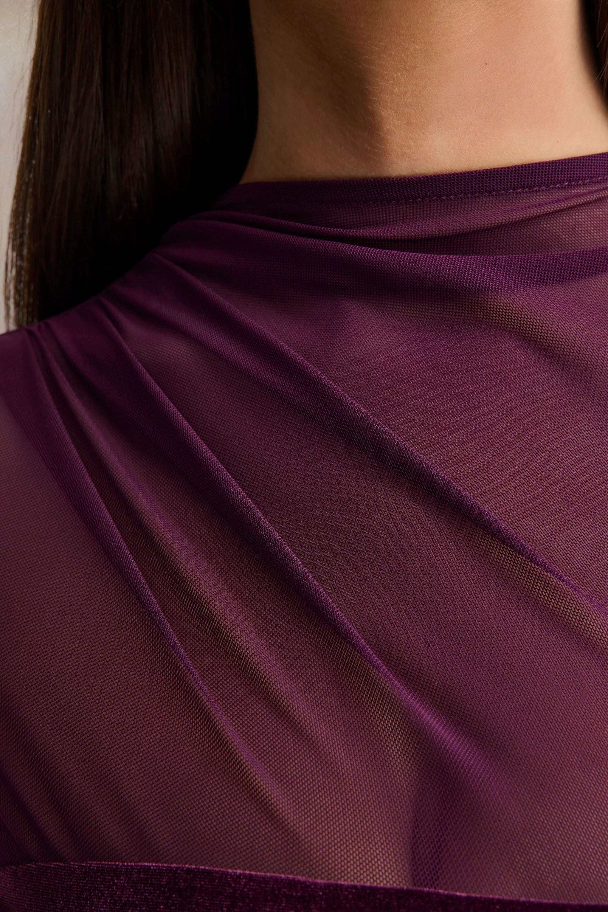 Cambria Plum Velvet High Neck Maxi Dress With Draped Detailing