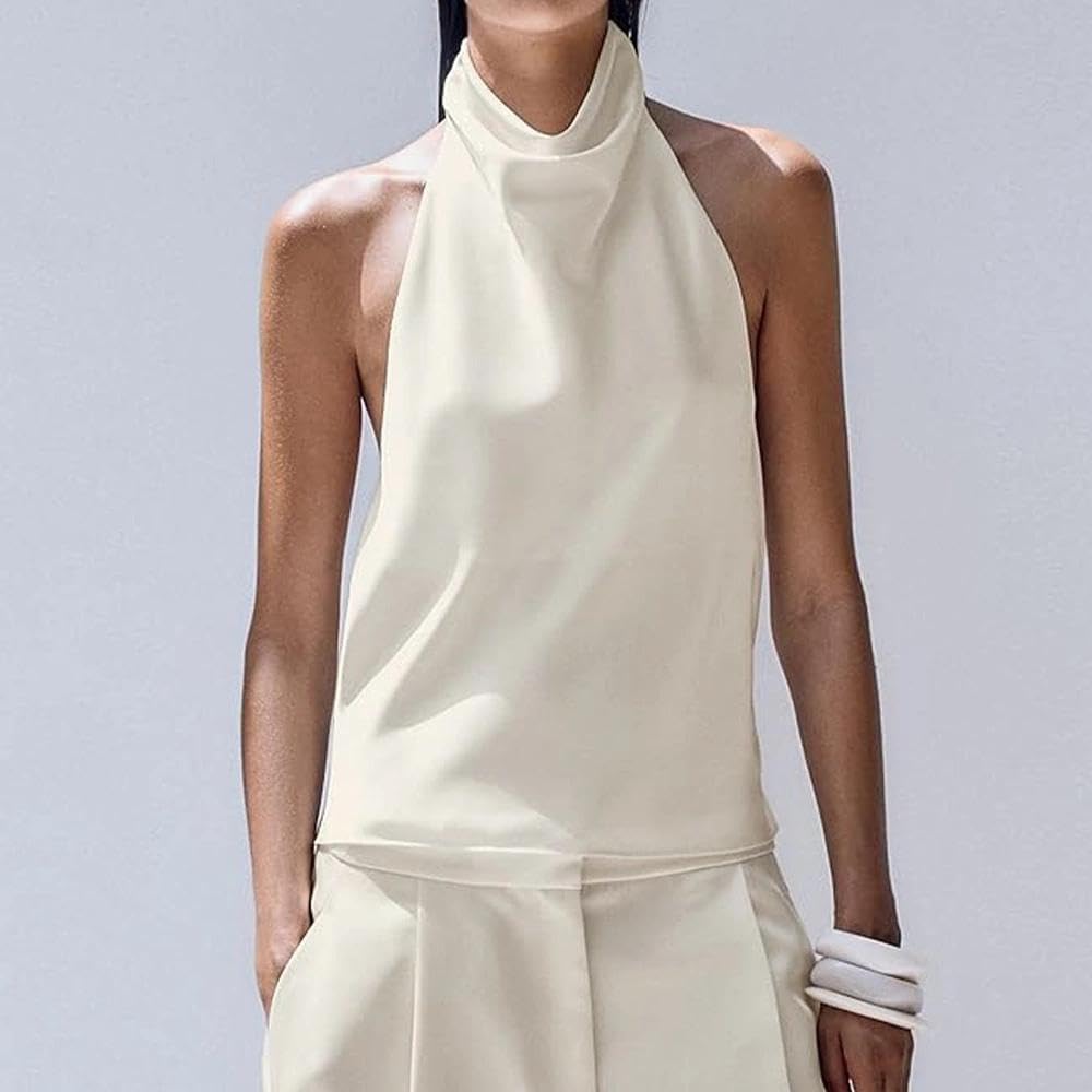 Women Halter Top Cowl Neck Backless Satin Silk Tank Tops Elegant Going Out Clubwear