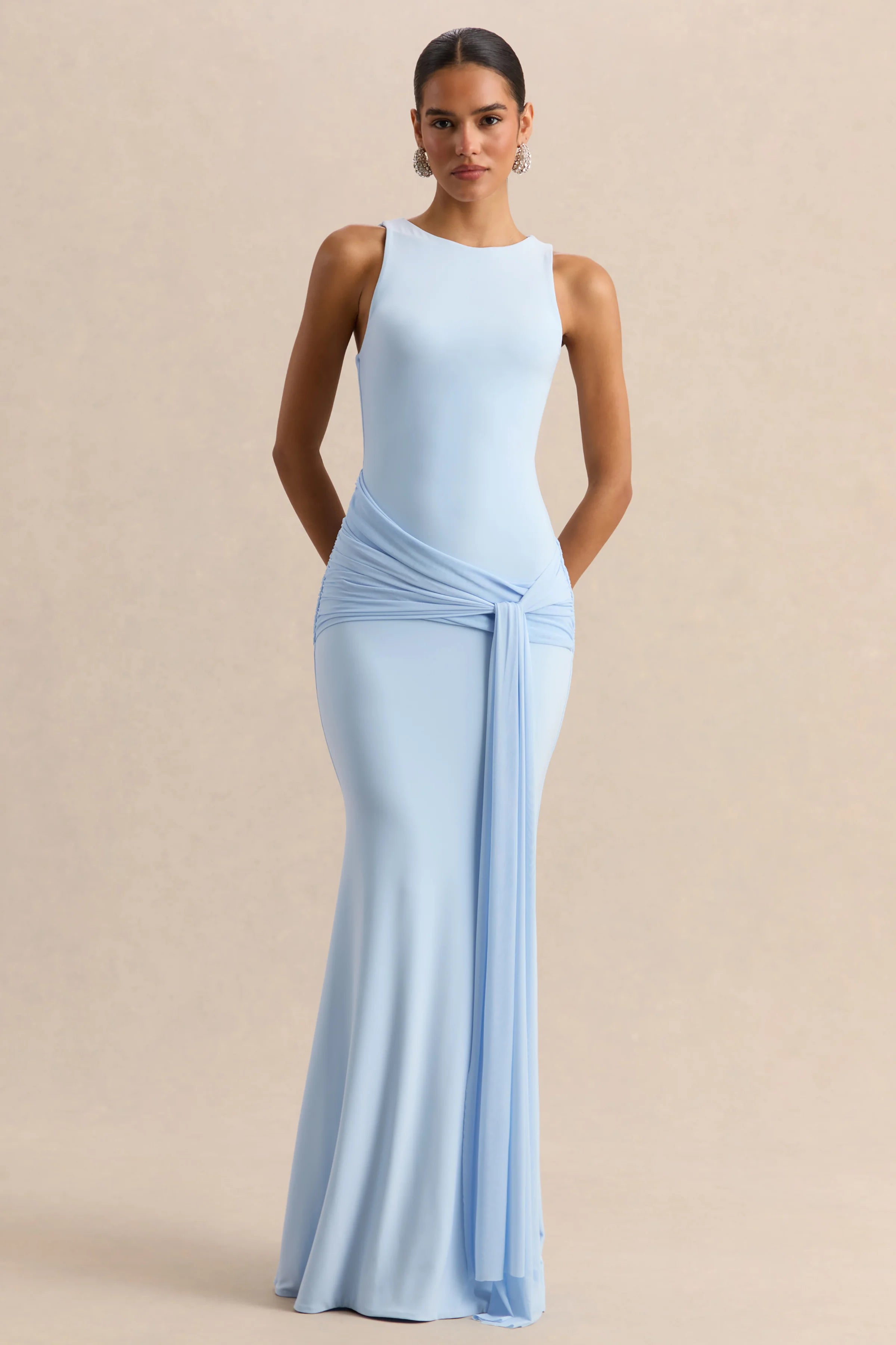 Mirene Powder Blue Round Neck Maxi Dress With Gathered Detailing And Sash